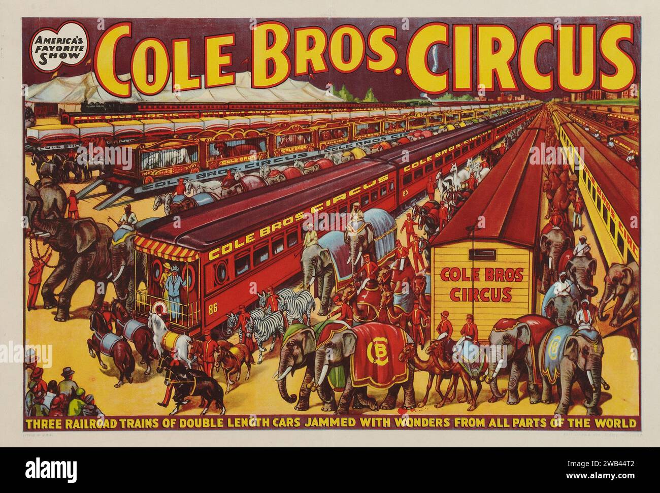 Circus Poster (Cole Brothers, 1930s). Three Railroad Trains - Wonders from all parts of the world Stock Photo