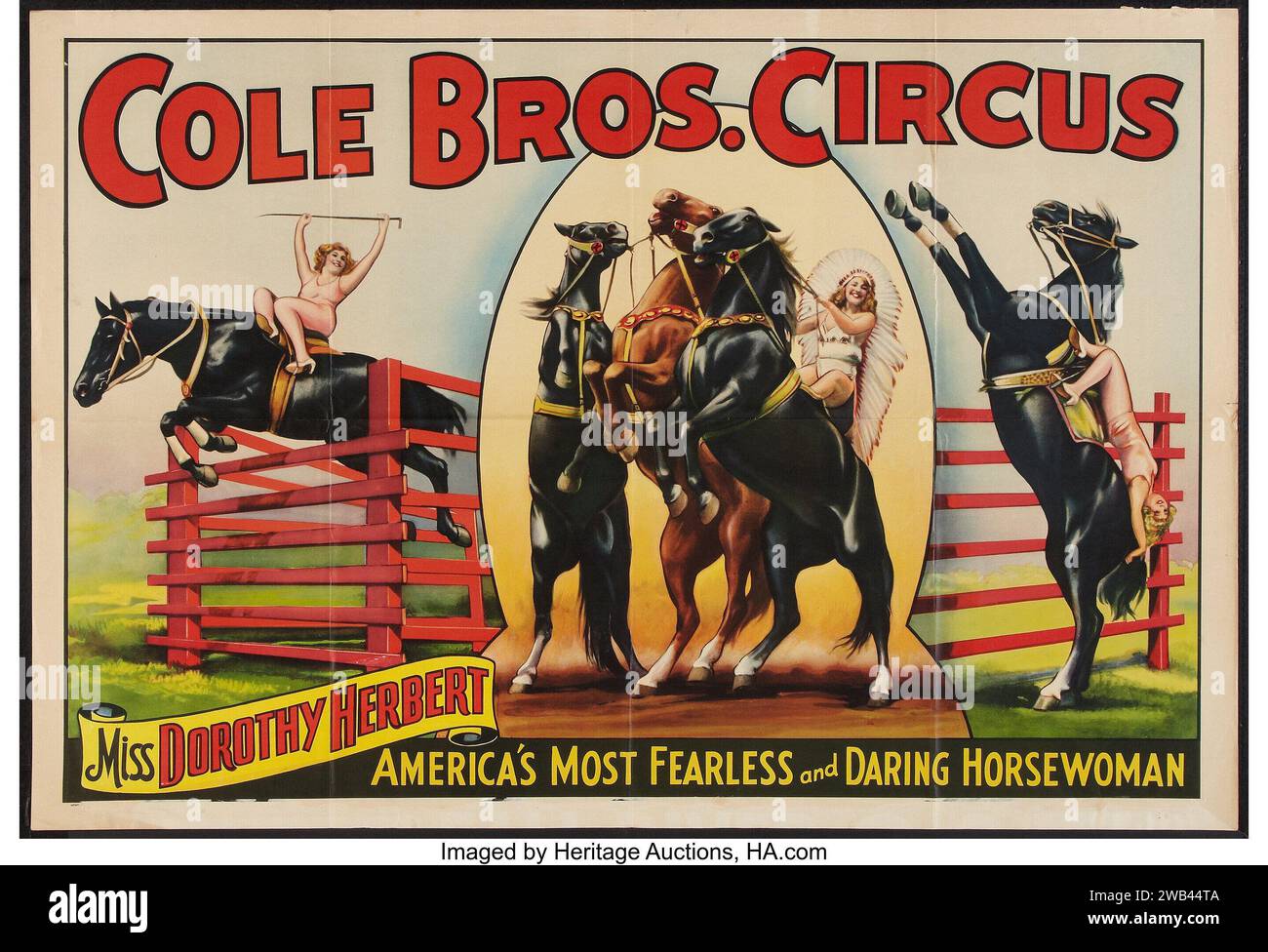 Circus Poster (Cole Brothers, 1930s) Horse show - Miss Dorothy Herbert, horsewoman with bonnet Stock Photo