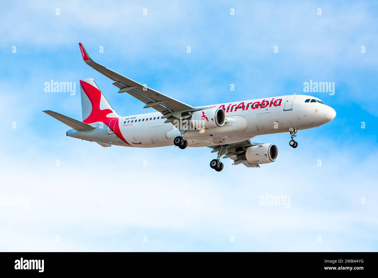 Boryspil, Ukraine - February 10, 2020: Airplane Airbus A320 (A6-AOU) of Air Arabia is landing at Boryspil International Airport Stock Photo