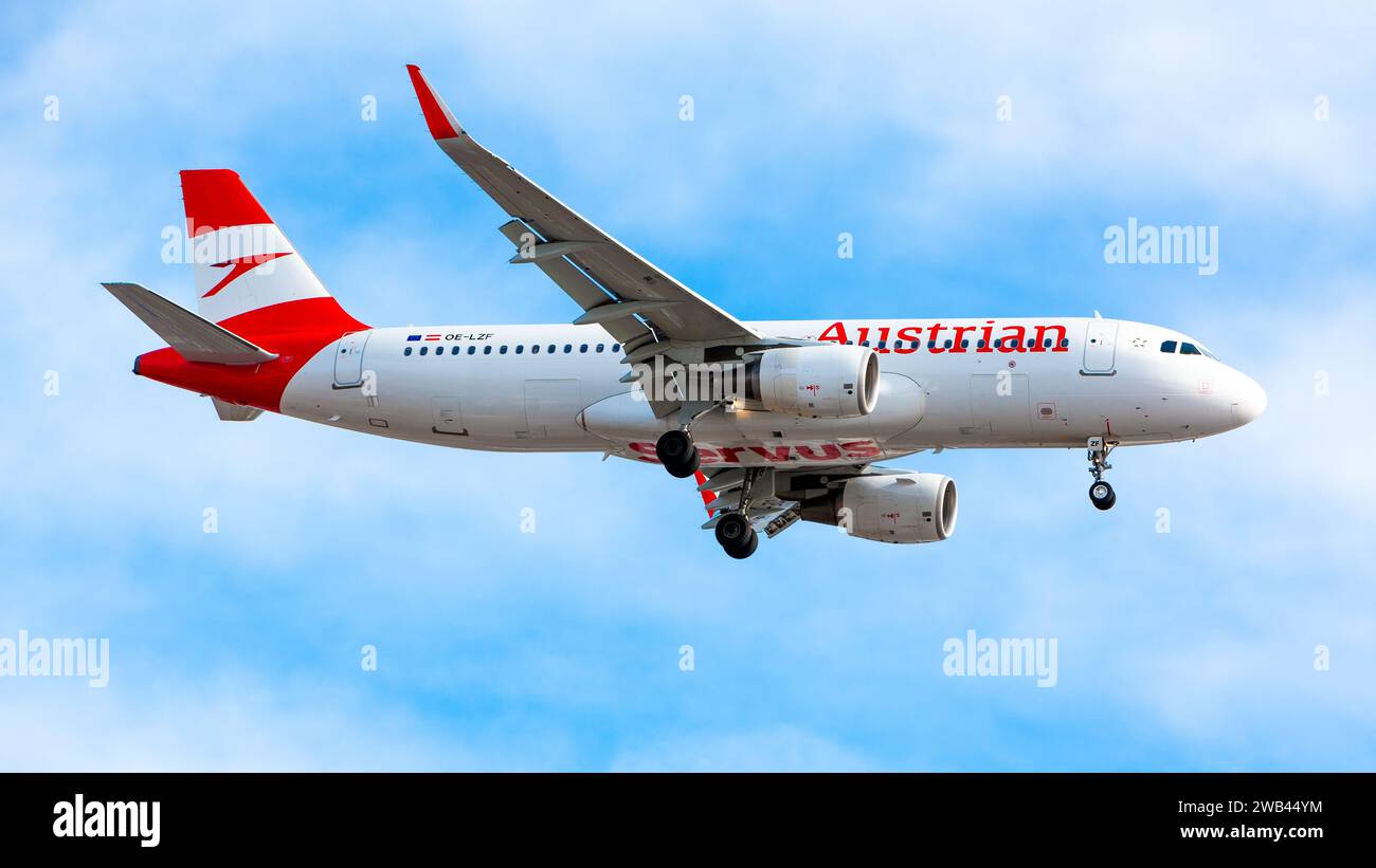 Boryspil, Ukraine - February 10, 2020: Airplane Airbus A320-214 (OE-LZF) of Austrian Airlines is landing at Boryspil airport Stock Photo
