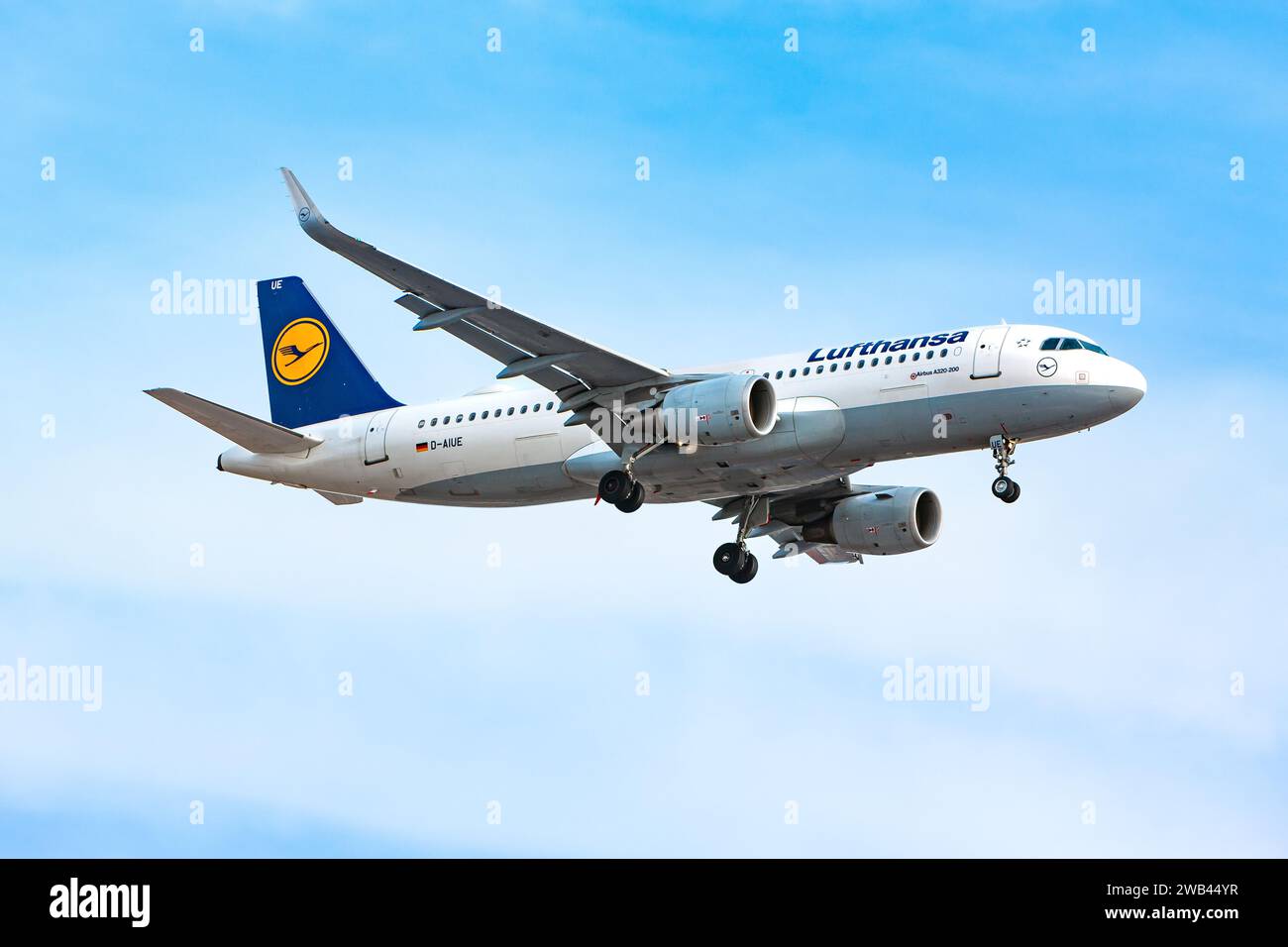 Boryspil, Ukraine - February 10, 2020: Airplane Airbus A320-214 (D-AIUE) of Lufthansa is landing at Boryspil airport Stock Photo