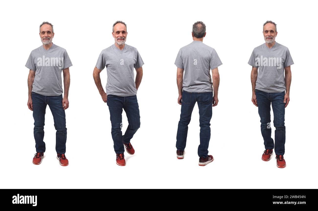 various poses the same middle-aged man dressed in a t-shirt, jeans and sneakers Stock Photo