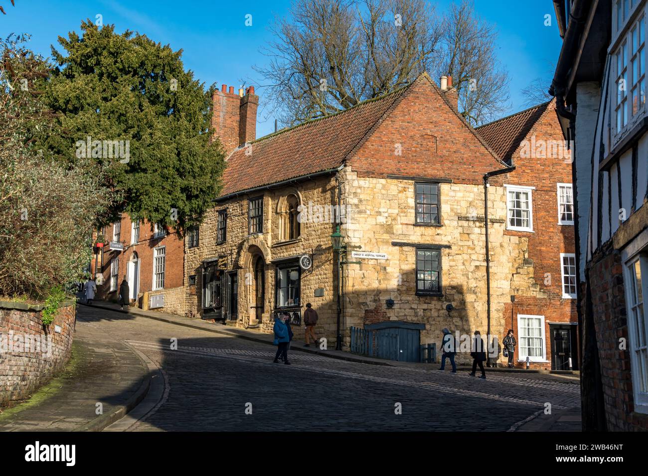 Medieval Norman House, Steep Hill and Christs Hospital Terrace, Lincoln City, Lincolnshire, England, UK Stock Photo