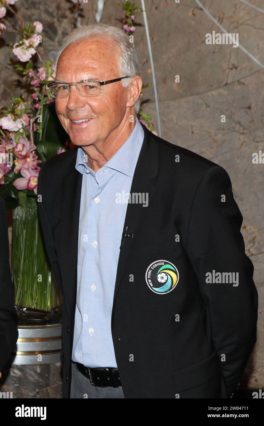 New York, NY, USA. 17th Apr, 2024. The New York Cosmos legends Franz Beckenbauer lights the Empire State Building 'Cosmos Green' to launch and celebrate the start of the team's 2015 Spring season at The Empire State Building on April 17, 2015 in New York City. Credit: Diego Corredor/Media Punch/Alamy Live News Stock Photo