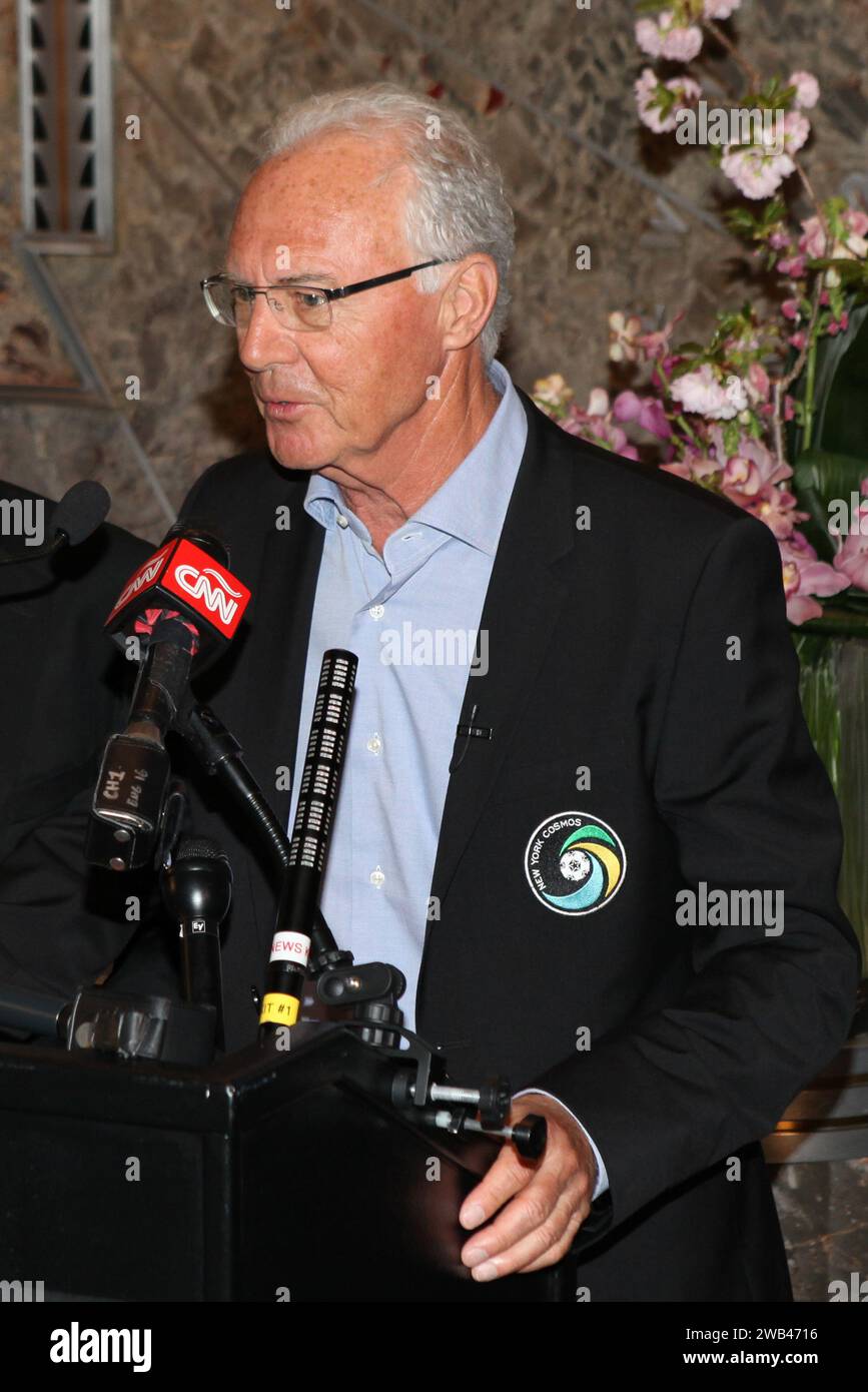 New York, NY, USA. 17th Apr, 2024. The New York Cosmos legends Franz Beckenbauer lights the Empire State Building 'Cosmos Green' to launch and celebrate the start of the team's 2015 Spring season at The Empire State Building on April 17, 2015 in New York City. Credit: Diego Corredor/Media Punch/Alamy Live News Stock Photo