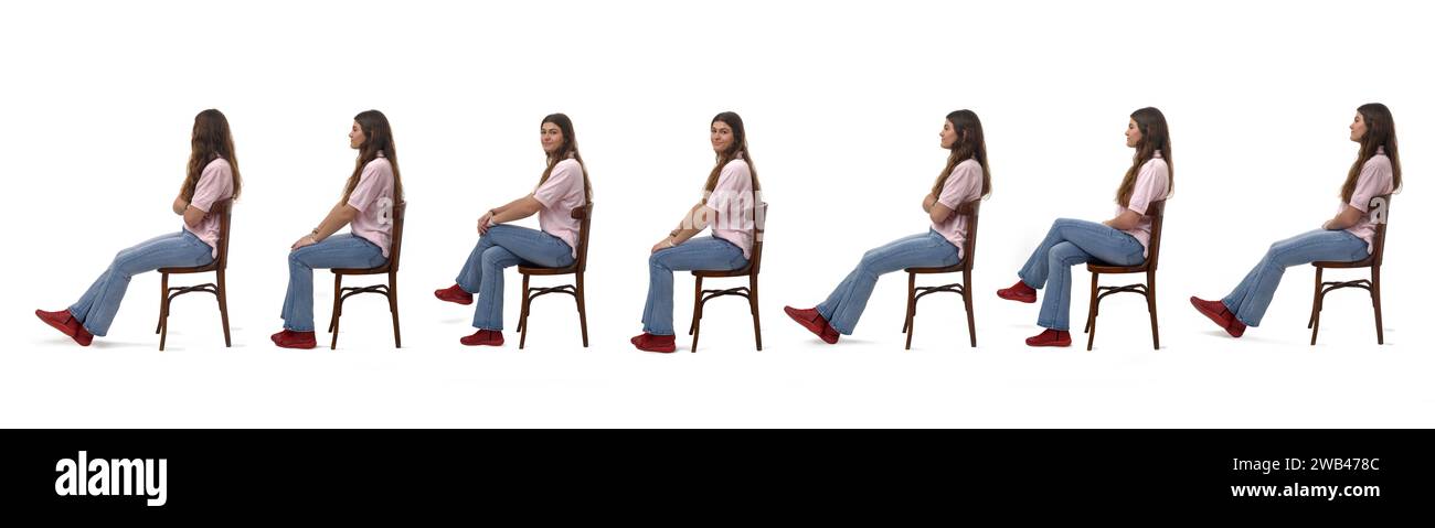 Side view of a group of same  young girl sitting on chair on white background Stock Photo