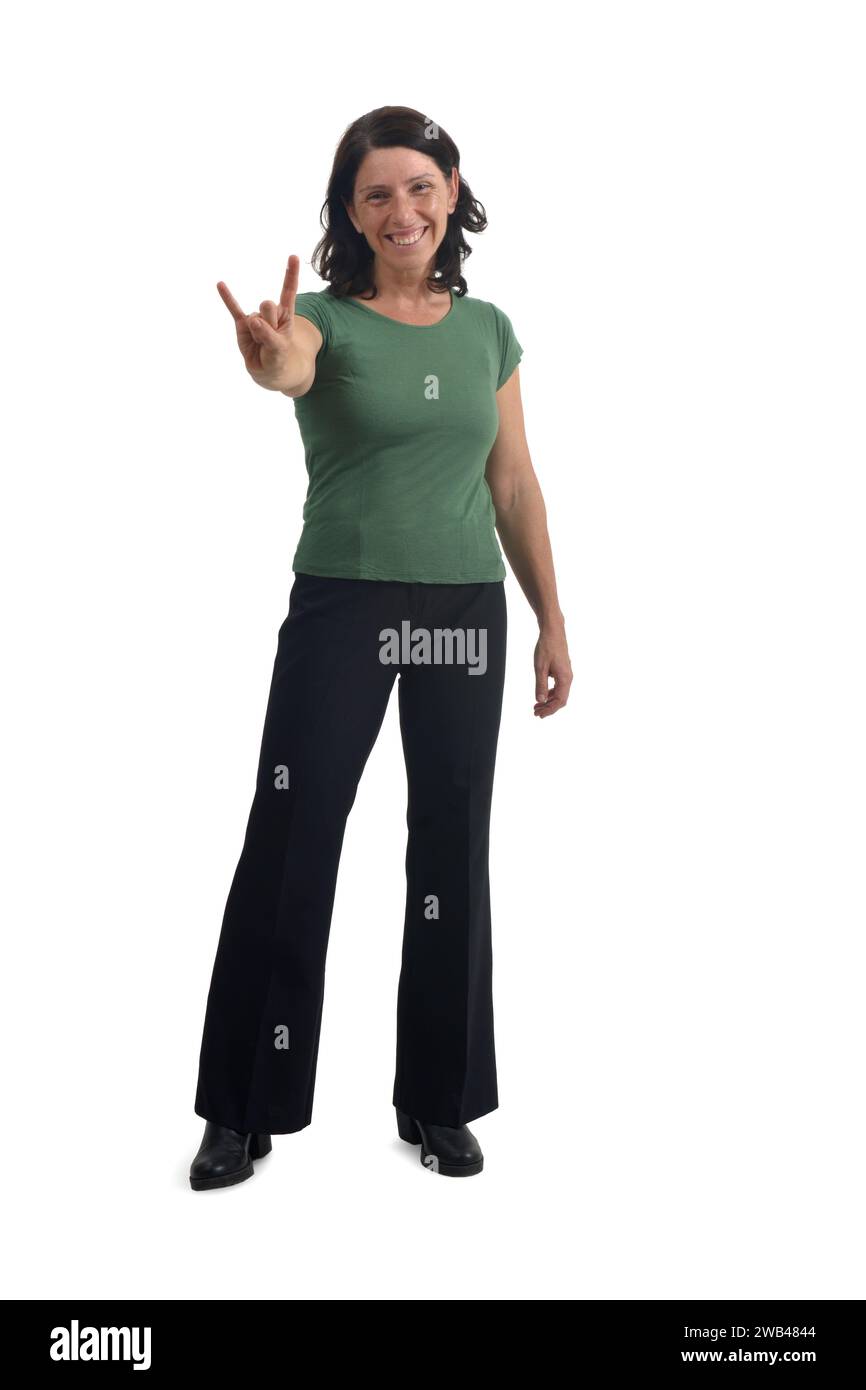 front view of a woman showing the horns sign with fingers on white