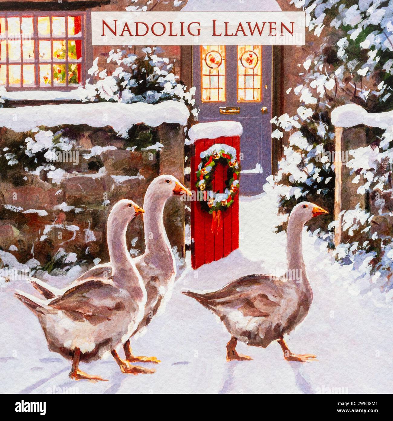 Nadolig Llawen, Welsh language greeting meaning Merry Christmas on a Christmas card, Wales, UK Stock Photo