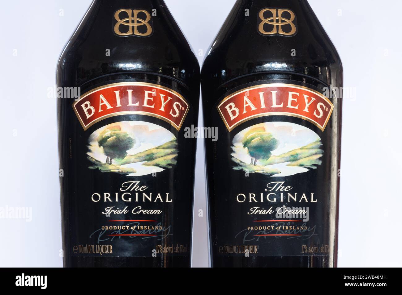 Two bottles of Baileys Original Irish Cream cut out on white background Stock Photo