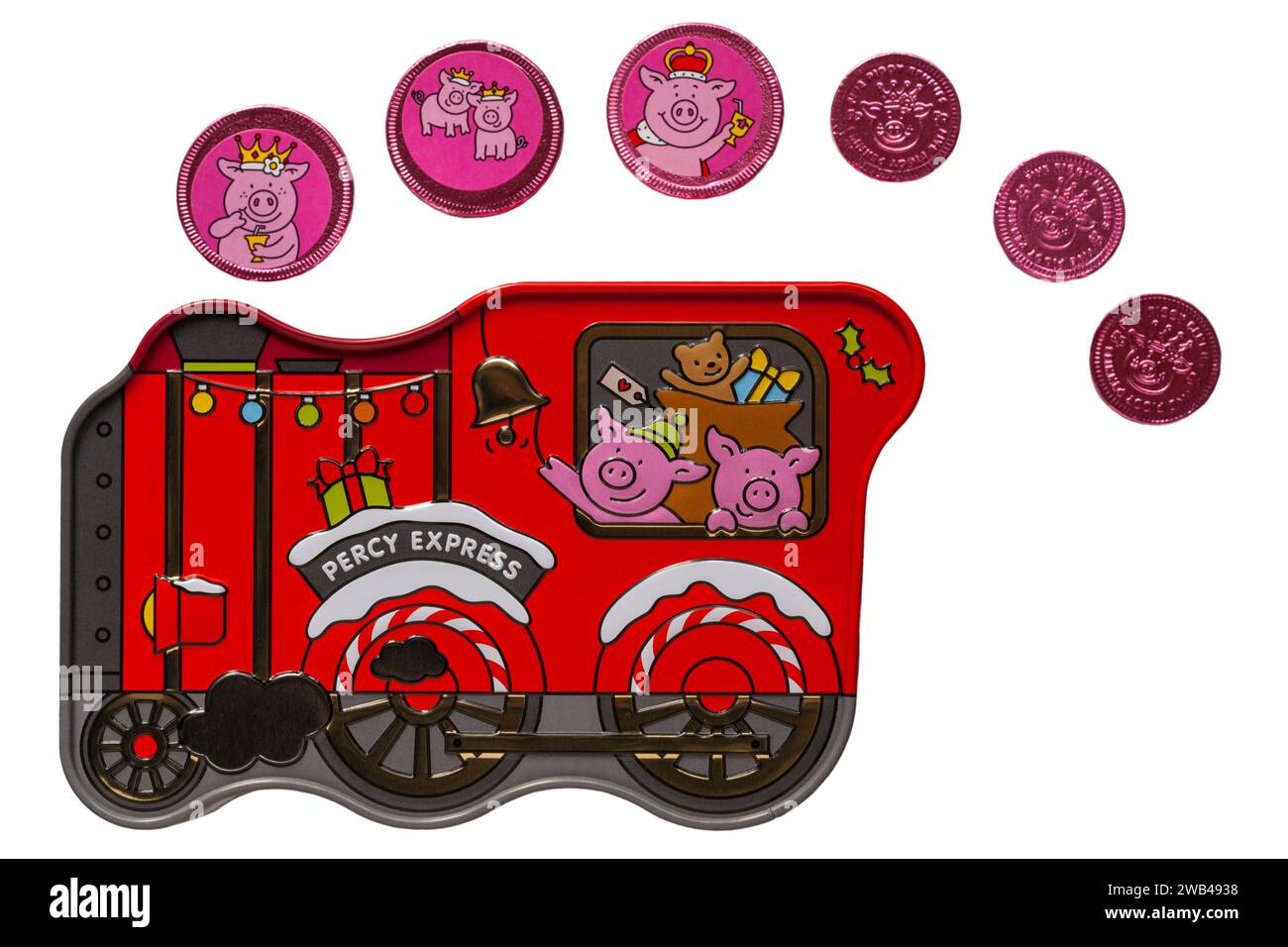 Percy Express Percy Pig Christmas Train with Percy pennies creating smoke isolated on white background Stock Photo