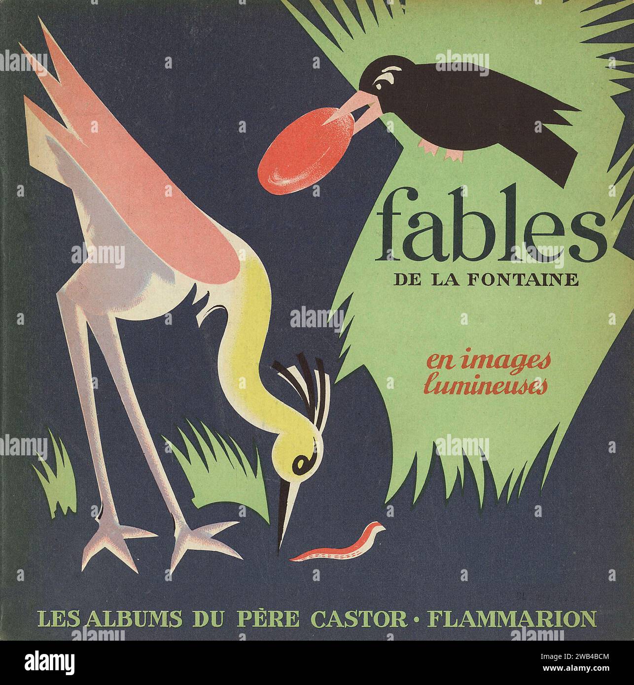 Cover illustration by Pierre Belvès published in the book 'Fables de La Fontaine en images lumineuses' by Gallimard, in the collection of 'Les albums du Père Castor'. 1950. Stock Photo