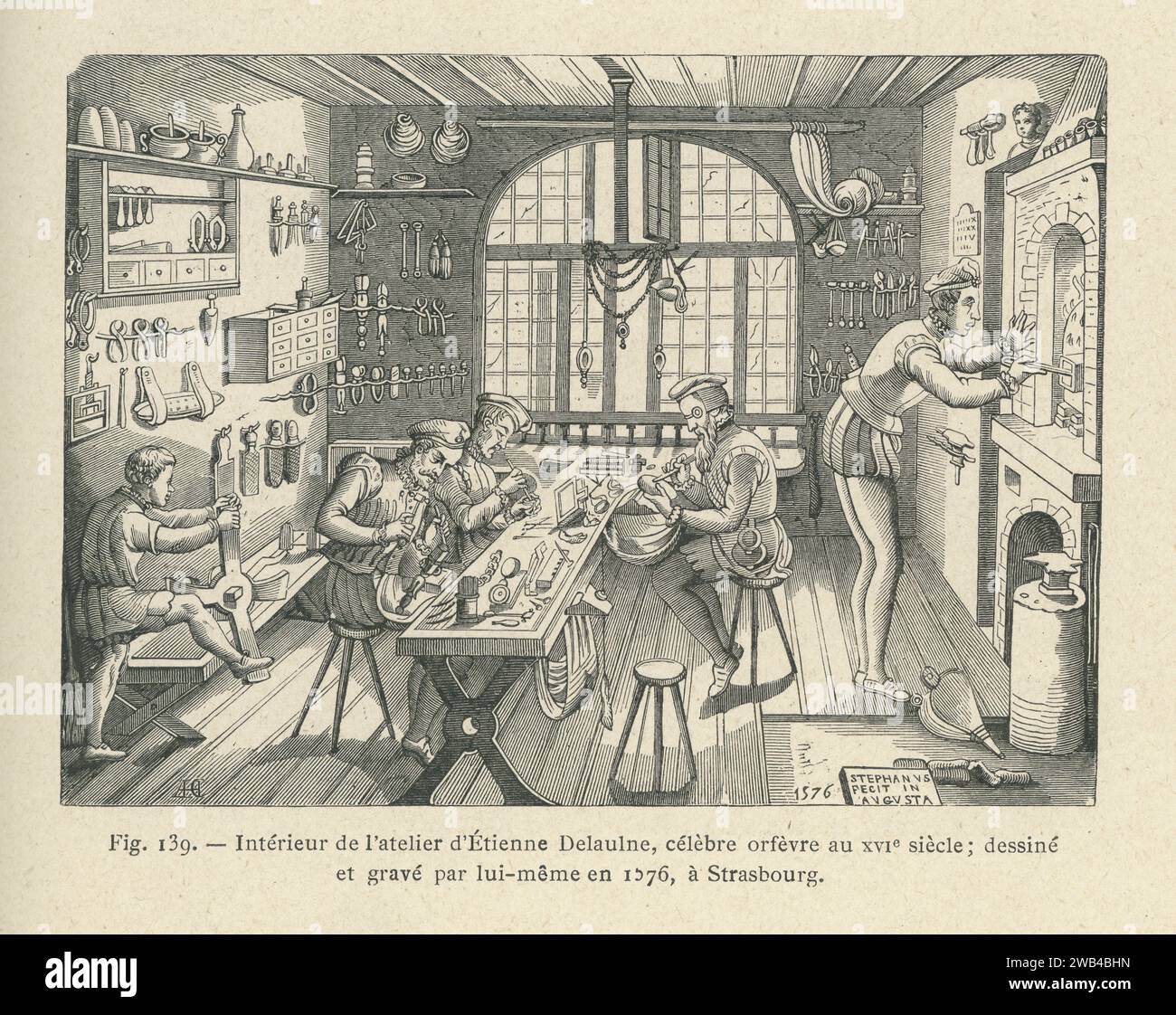 16th century engraving of Etienne Delaune, a French goldsmith, showing the interior of his workshop.  Illustration from 'L'ancienne France: les arts et métiers au Moyen-Âge. Etude illustrée sur le Moyen--Âge et la Renaissance d'après les ouvrages de M. Paul Lacroix', published in 1887 by Firmin-Didot (Paris). Stock Photo