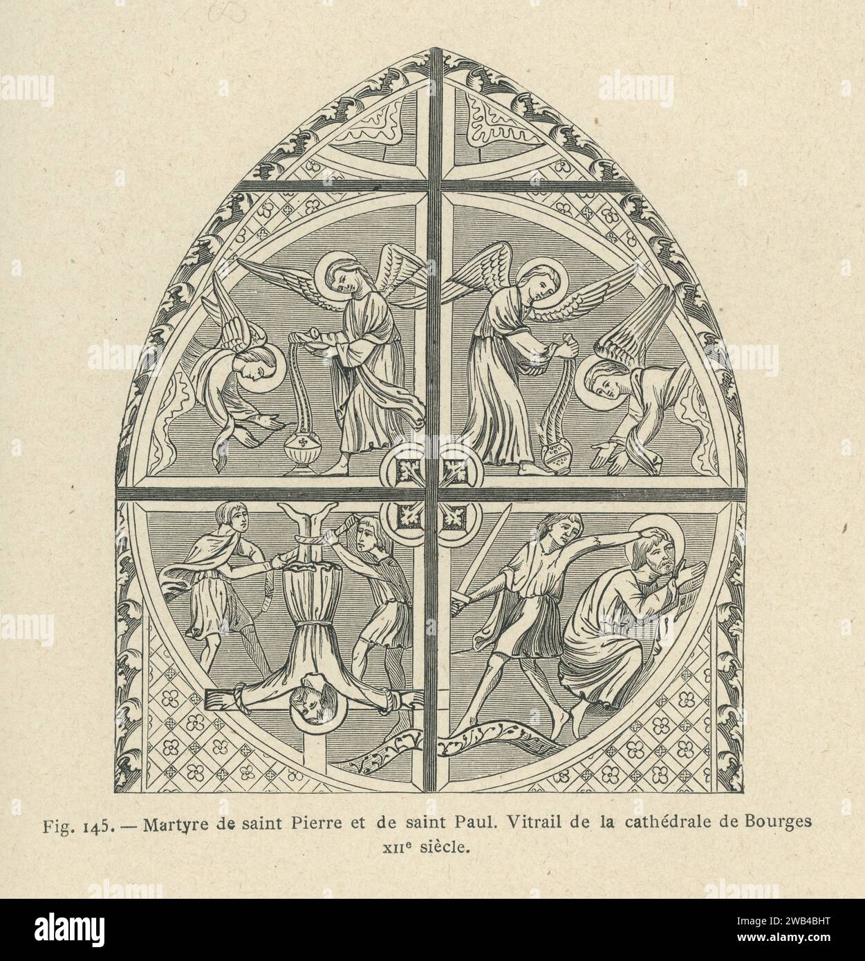 Martyrdom of Saint Peter and Saint Paul depicted in a stained glass window in Bourges Cathedral, dating from the 12th century.  Illustration from 'L'ancienne France: les arts et métiers au Moyen-Âge. Etude illustrée sur le Moyen--Âge et la Renaissance d'après les ouvrages de M. Paul Lacroix', published in 1887 by Firmin-Didot (Paris). Stock Photo