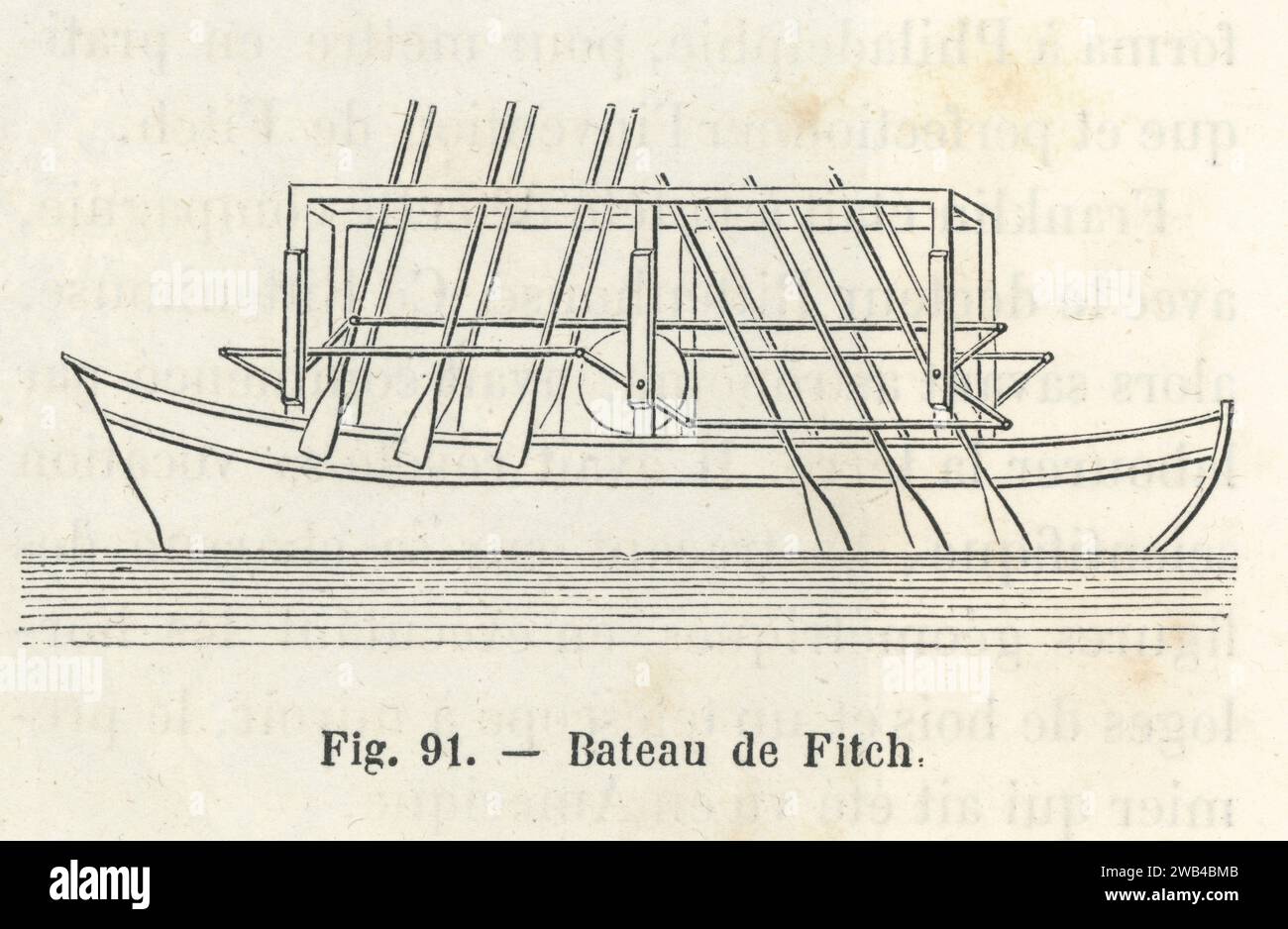 Diagram of a steamboat by the American inventor John Fitch, showing a horizontal cylinder and twelve paddles. 1785.  Illustration from 'Les Merveilles de la science ou description populaire des inventions modernes' written by Louis Figuier and published in 1867 by Furne, Jouvet et Cie. Stock Photo