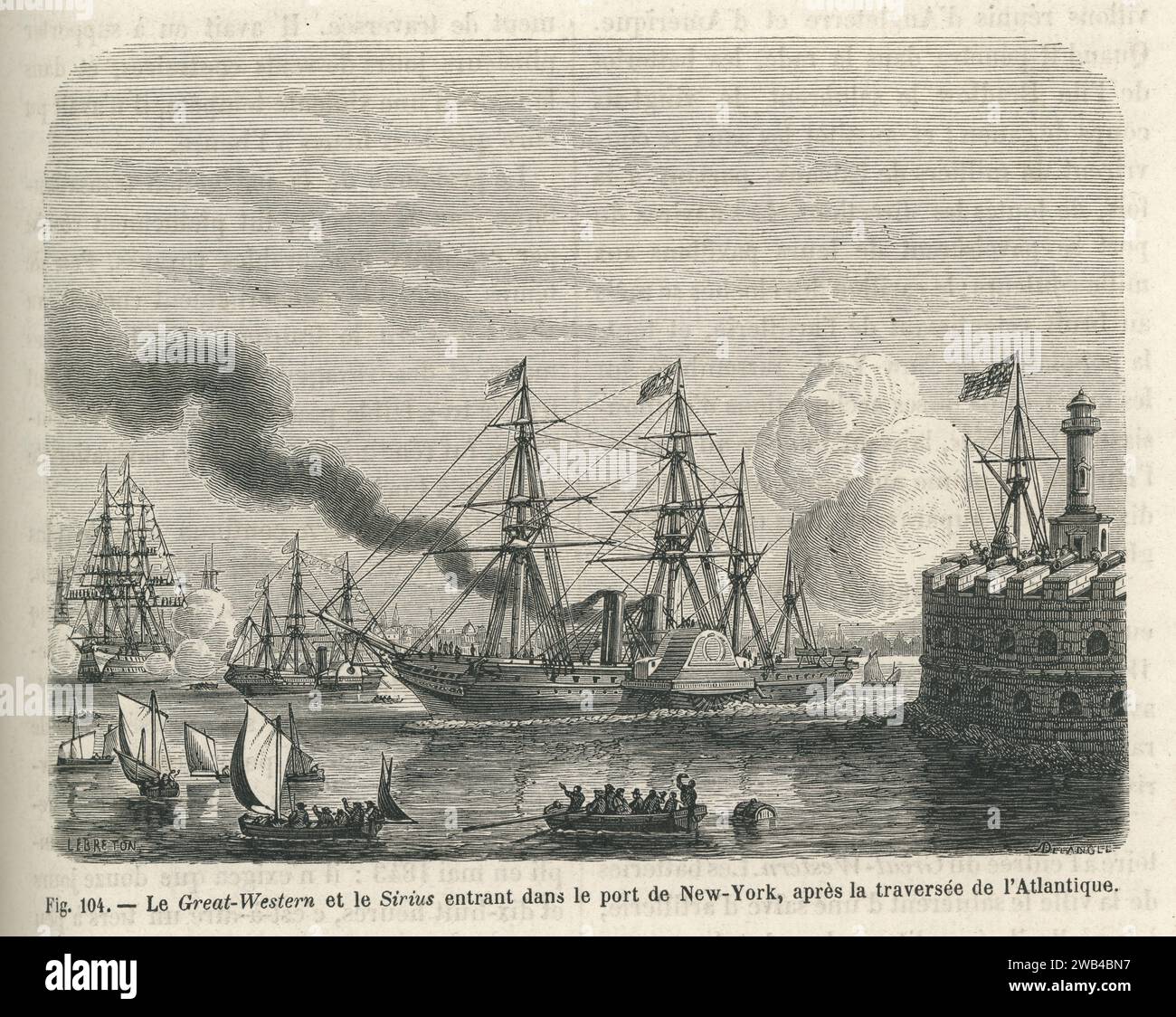 The transatlantic steamships 'Great Western' and the 'Sirius' in New York harbour after their Atlantic crossing in March-April 1838.  Illustration from 'Les Merveilles de la science ou description populaire des inventions modernes' written by Louis Figuier and published in 1867 by Furne, Jouvet et Cie. Stock Photo