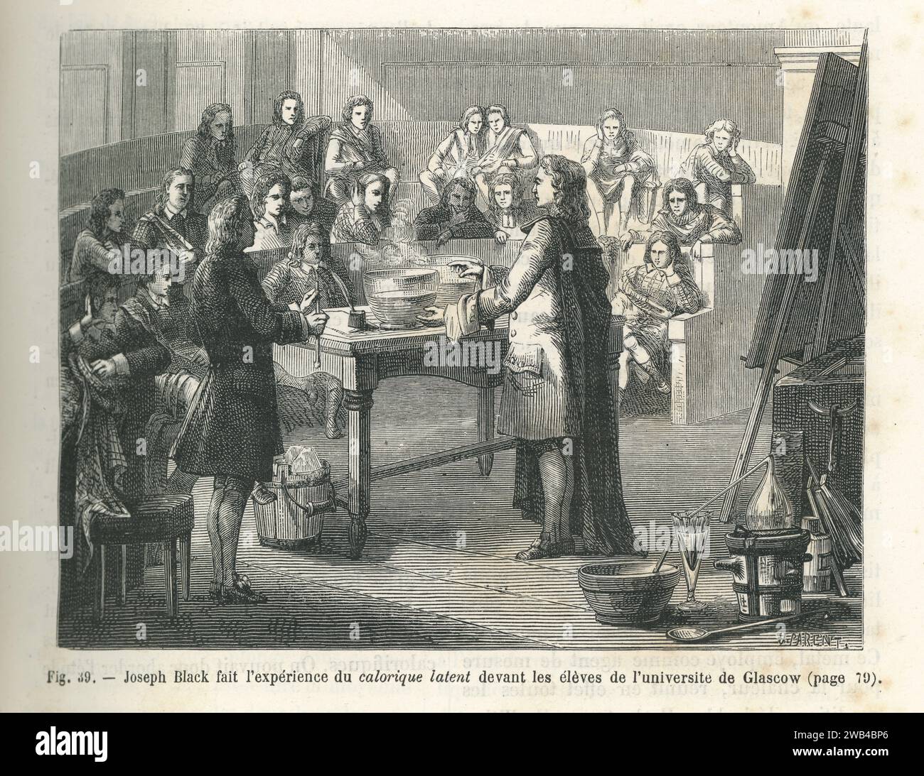 In 1761, Scottish physicist and chemist Joseph Black demonstrated 'latent heat' to students at Glasgow University, marking the beginnings of thermodynamics.  Illustration from 'Les Merveilles de la science ou description populaire des inventions modernes' written by Louis Figuier and published in 1867 by Furne, Jouvet et Cie. Stock Photo
