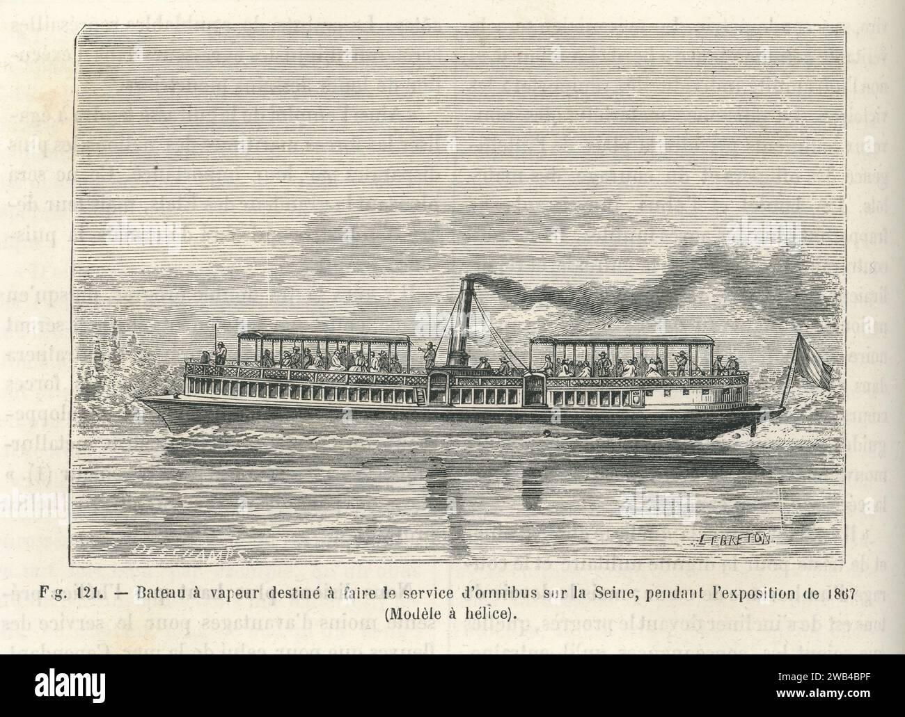 A propeller-driven steamboat designed to provide an omnibus service on the Seine in Paris during the 1867 World's Fair.  Illustration from 'Les Merveilles de la science ou description populaire des inventions modernes' written by Louis Figuier and published in 1867 by Furne, Jouvet et Cie. Stock Photo