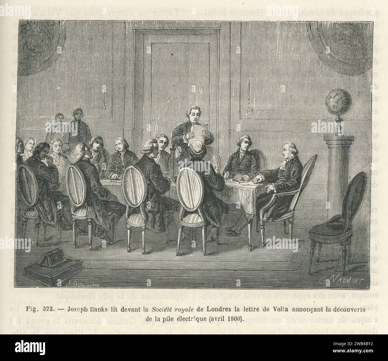 The English naturalist Joseph Banks reading to the Royal Society of London the letter from the Italian physicist Alessandro Volta announcing the discovery of the electrican battery the Voltaic pile). April 1800  Illustration from 'Les Merveilles de la science ou description populaire des inventions modernes' written by Louis Figuier and published in 1867 by Furne, Jouvet et Cie. Stock Photo