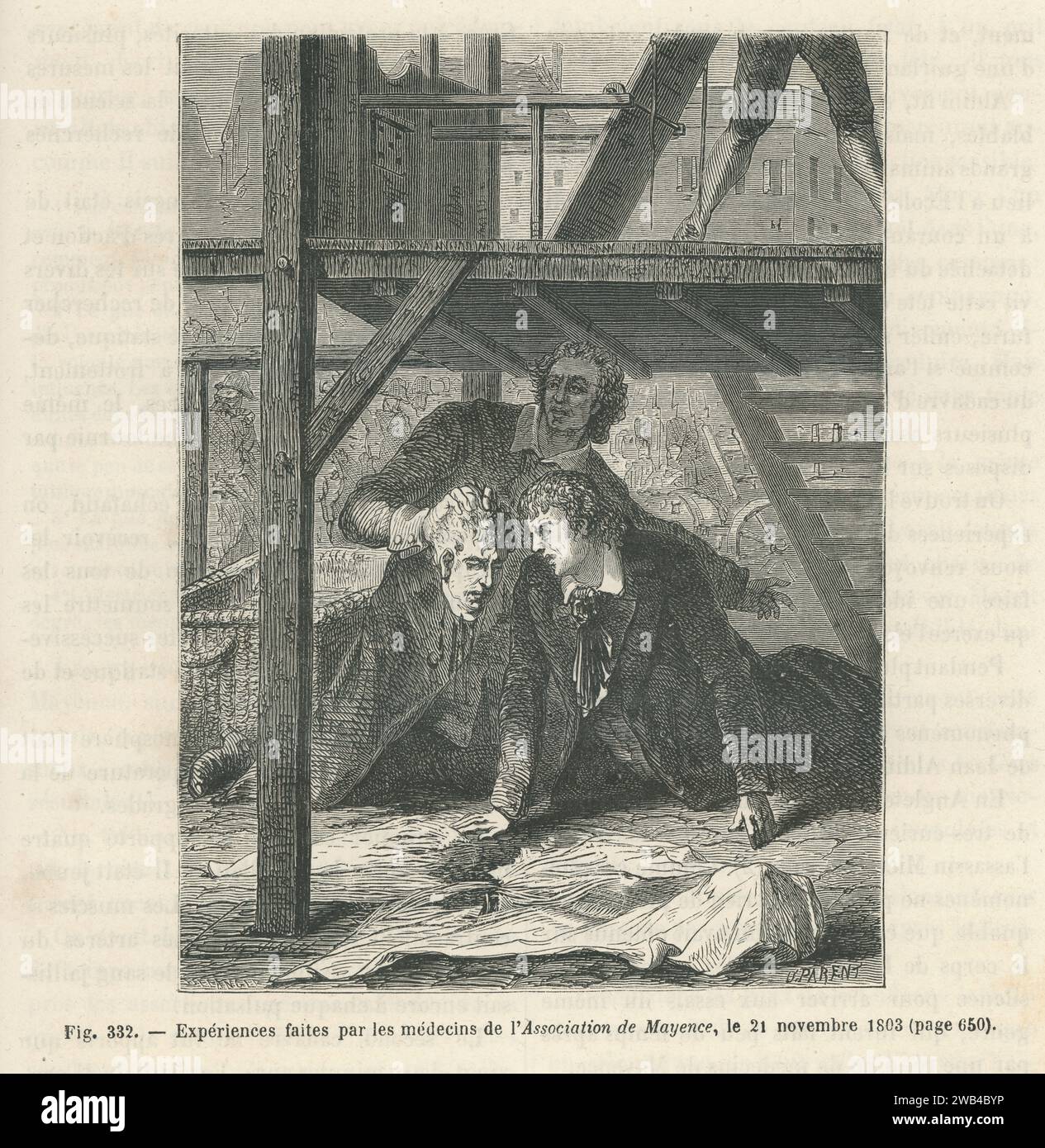 Experiment on the persistence of pain after death: doctors from the Mainz Association placed under a scaffold watching for the slightest facial contraction after decapitation.  Illustration from 'Les Merveilles de la science ou description populaire des inventions modernes' written by Louis Figuier and published in 1867 by Furne, Jouvet et Cie. Stock Photo