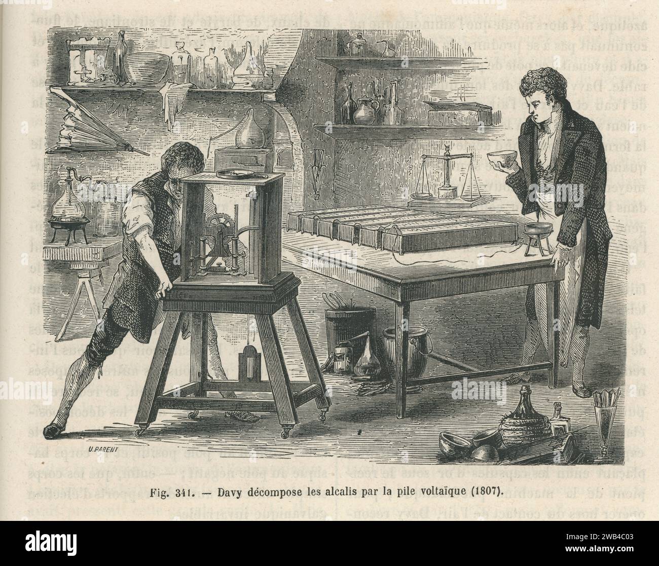 The English physicist and chemist Sir Humphry Davy decomposing alkalis using the voltaic pile.  Early 19th century  Illustration from 'Les Merveilles de la science ou description populaire des inventions modernes' written by Louis Figuier and published in 1867 by Furne, Jouvet et Cie. Stock Photo