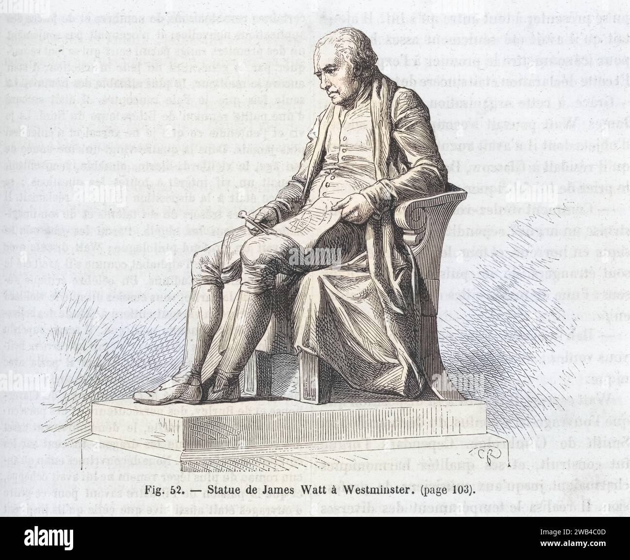 Statue of the Scottish engineer James Watt in Westminster (18th century).  Illustration from 'Les Merveilles de la science ou description populaire des inventions modernes' written by Louis Figuier and published in 1867 by Furne, Jouvet et Cie. Stock Photo