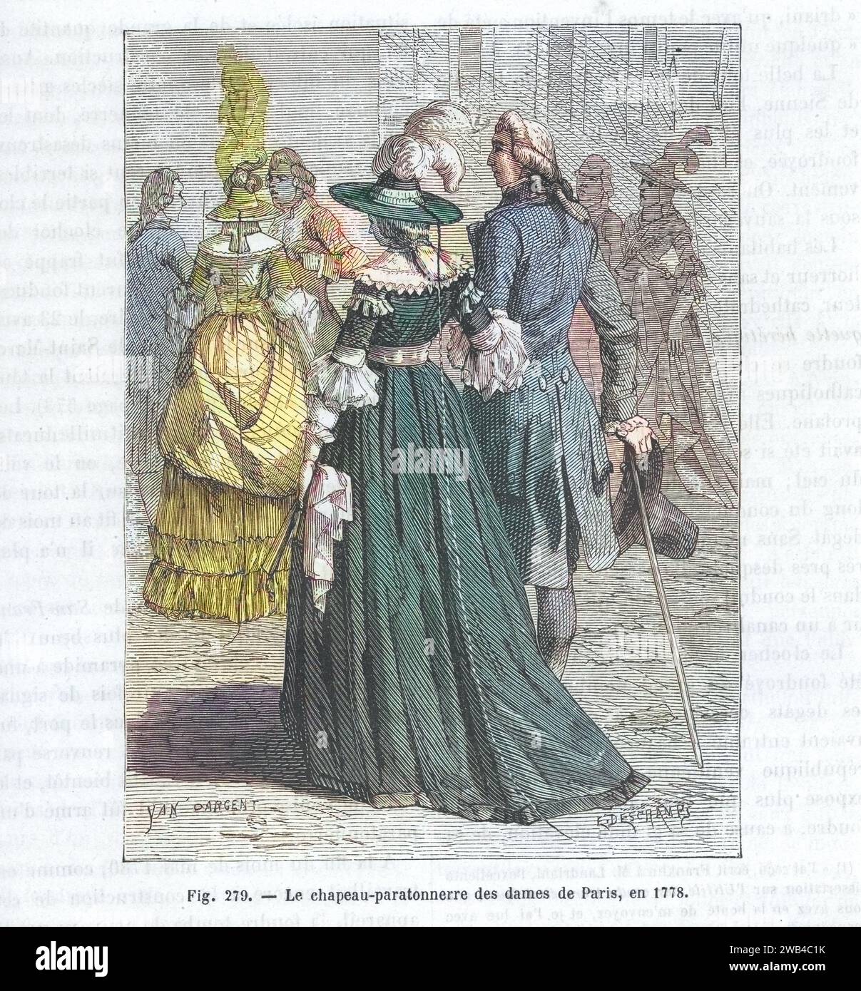 Fashion in Paris in 1778: lady wearing a 'lightning rod hat', protecting her from lightning.  Illustration from 'Les Merveilles de la science ou description populaire des inventions modernes' written by Louis Figuier and published in 1867 by Furne, Jouvet et Cie. Stock Photo