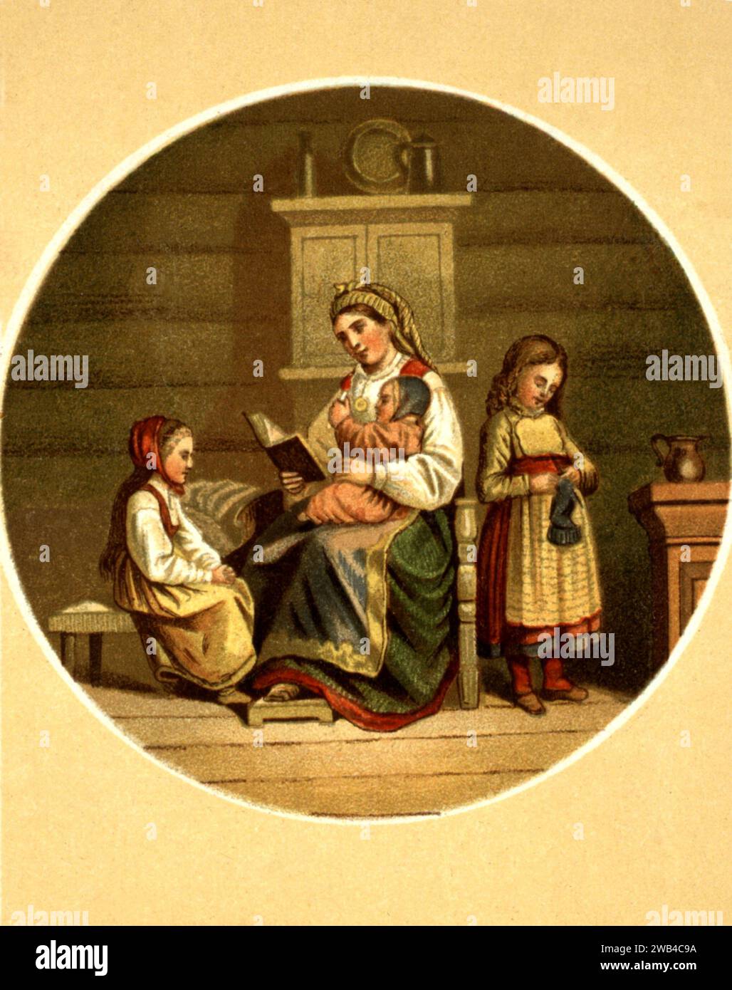 Lithograph by G. Knusli, Zurich, Woman and children 19th century Switzerland Private collection Stock Photo