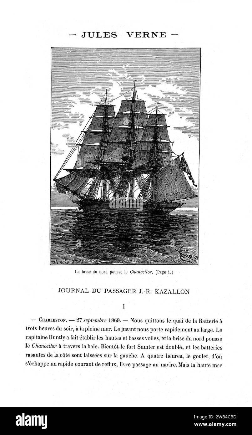 Frontispiece of chapter 1 Jules Verne, 'The Survivors of the Chancellor: Diary of J. R. Kazallon, Passenger' (French: Le Chancellor) 19th century Illustration by Riou Private collection Stock Photo