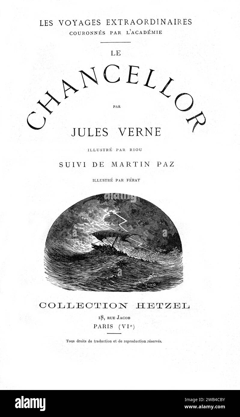 Flyleaf, Illustration by Riou Jules Verne, 'The Survivors of the Chancellor: Diary of J. R. Kazallon, Passenger' (French: Le Chancellor) 19th century, France The Voyages extraordinaires Private collection Stock Photo