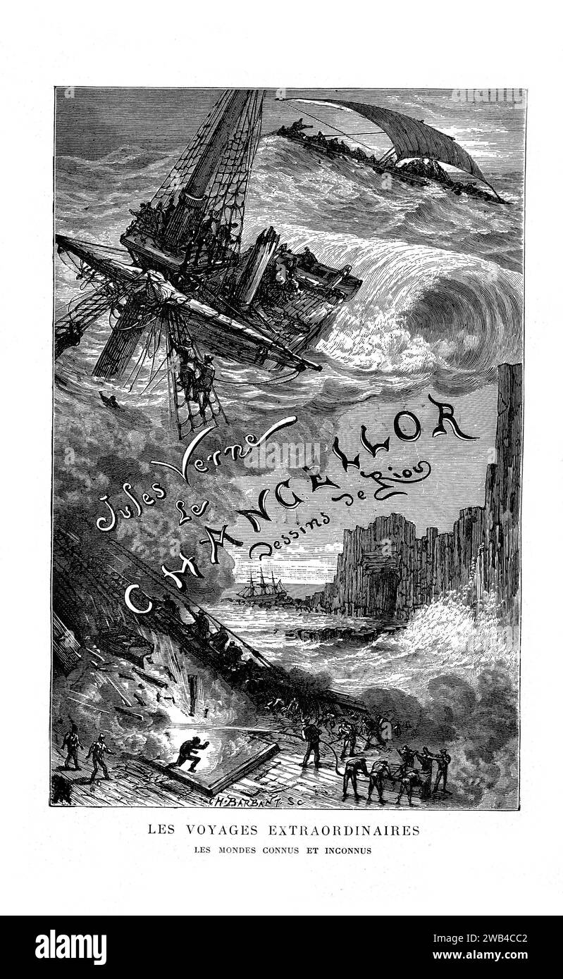 Frontispiece, Illustration by Riou Jules Verne, 'The Survivors of the Chancellor: Diary of J. R. Kazallon, Passenger' (French: Le Chancellor) 19th century, France The Voyages extraordinaires Private collection Stock Photo