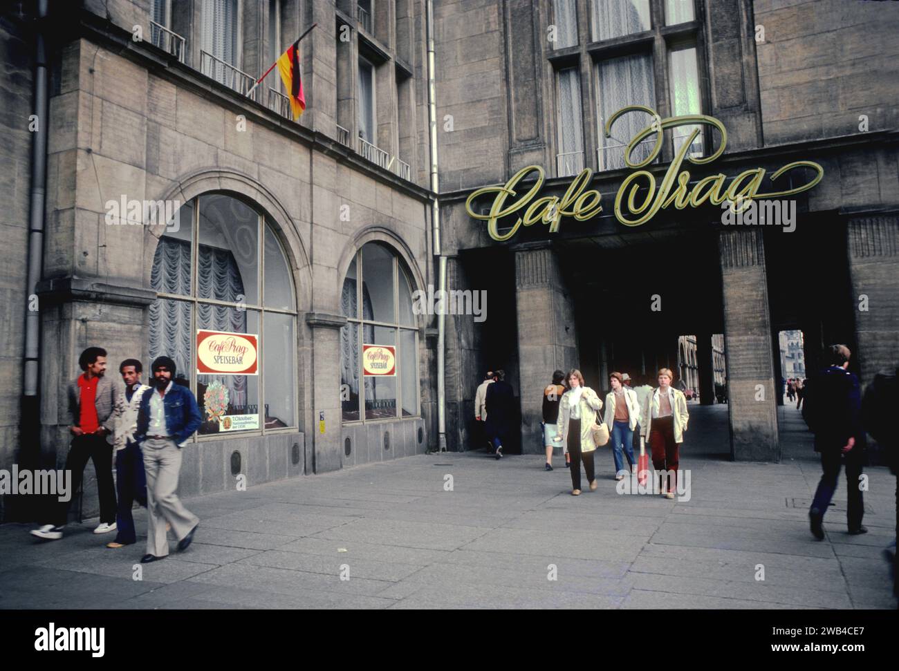 Passers-by in front of the Café Prag in Dresden, East Germany. 1982 Stock Photo