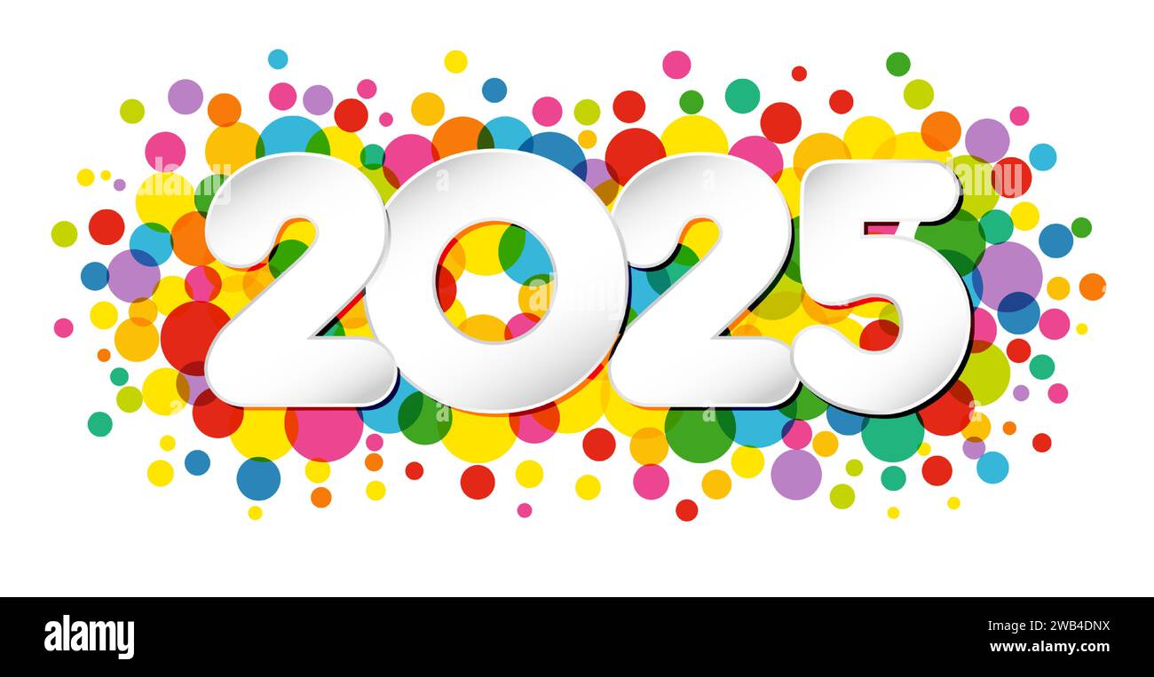 Happy 2025 horizontal banner with colorful texture. Realistic paper