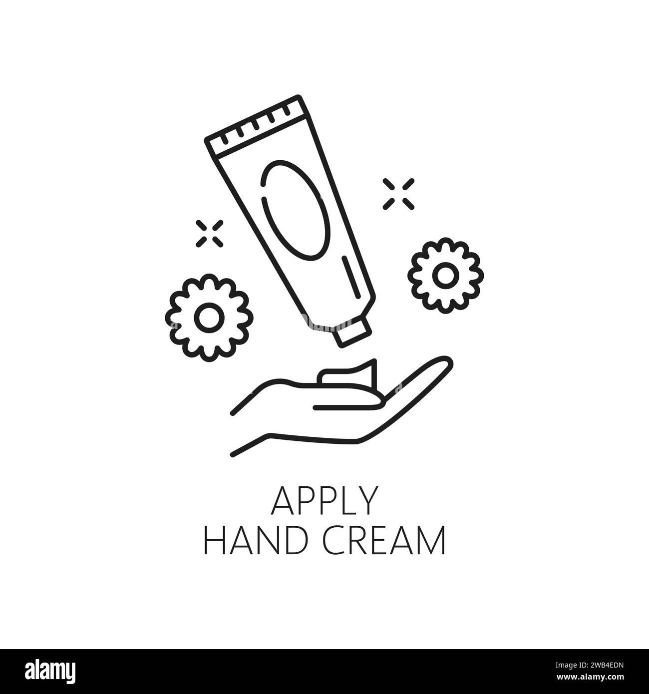 Nail manicure service icon with cream tube and female hand. Isolated vector linear simple sign demonstrating how to apply hand cream, symbolizes skincare and moisturizing for soft, healthy hands Stock Vector