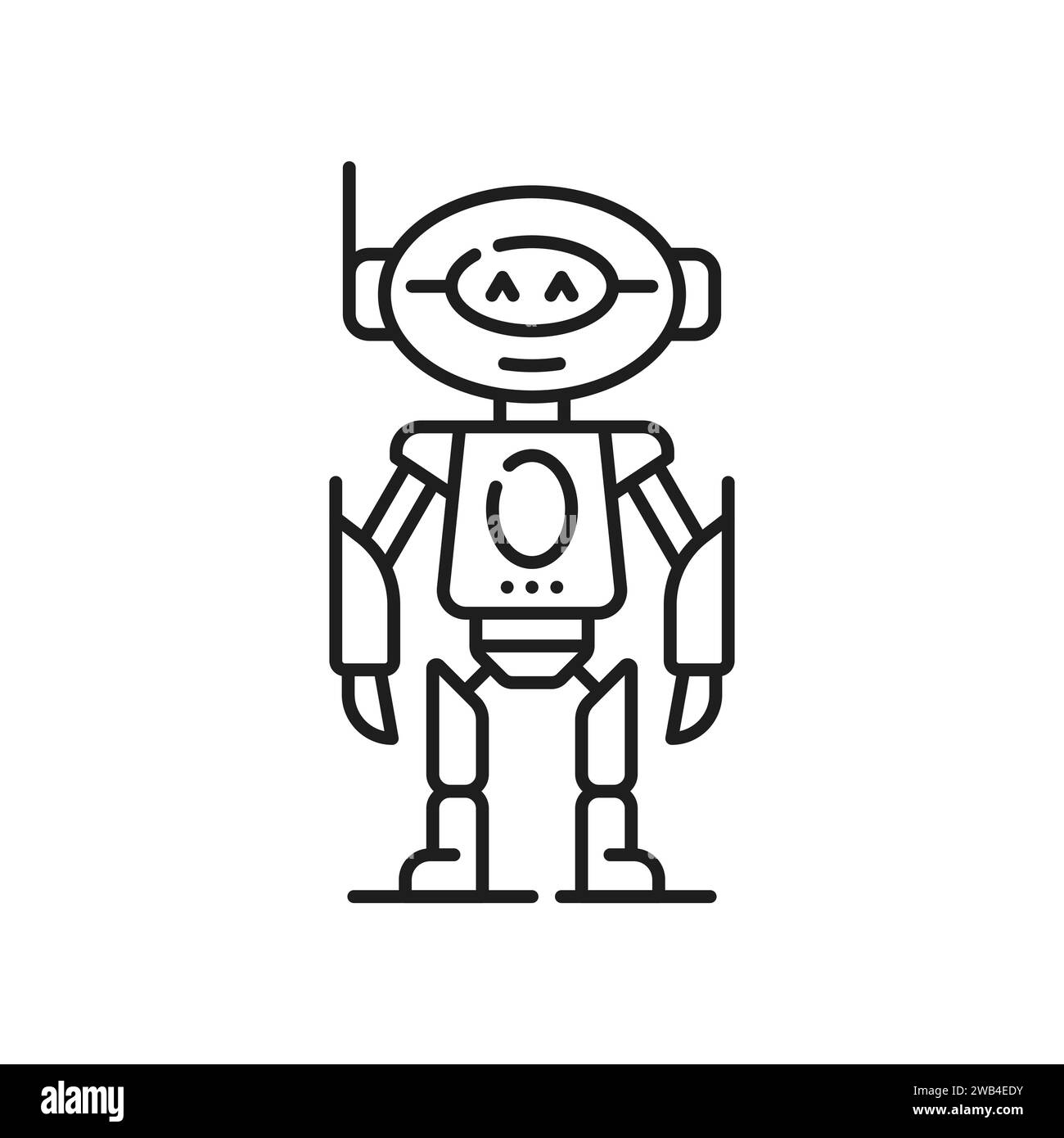 Robot line and outline icon of metallic humanoid figure, symbolizes advanced technology and