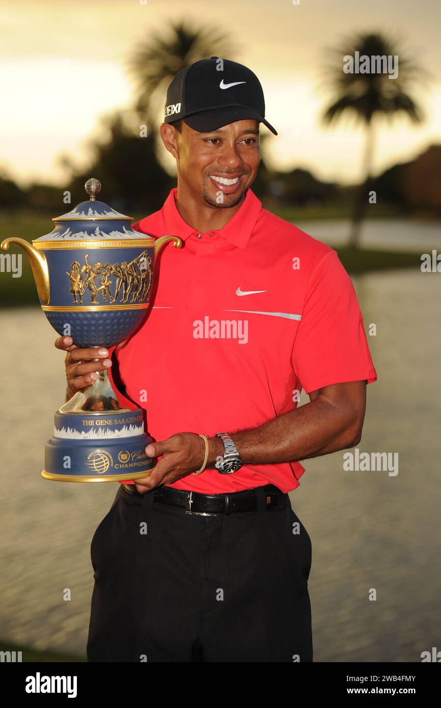 **FILE PHOTO** Tiger Woods and Nike End 27 Year Partnership. MIAMI, FL - MARCH 10: Tiger Woods celebrates during Final Round of the WGC-Cadillac Championship at the Trump Doral Golf Resort & Spa on March 10, 2013 in Miami, Florida. Credit: mpi04/MediaPunch Stock Photo