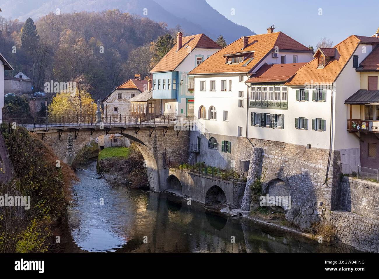 Capuchin Bridge in Skofja Loka over Selska Sora river, medieval town in ...