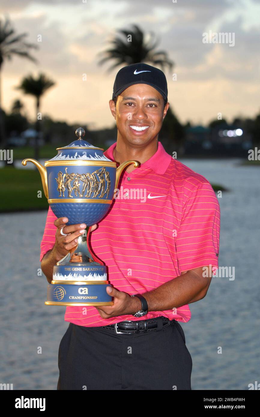 **FILE PHOTO** Tiger Woods and Nike End 27 Year Partnership. MIAMI - MARCH 25: Tiger Woods of the USA holds the trophy after winning the 2007 World Golf Championships CA Championship held at the Doral Golf Resort and Spa March 25, 2007 in Miami, Florida. Copyright: xmpi04/MediaPunchx Stock Photo