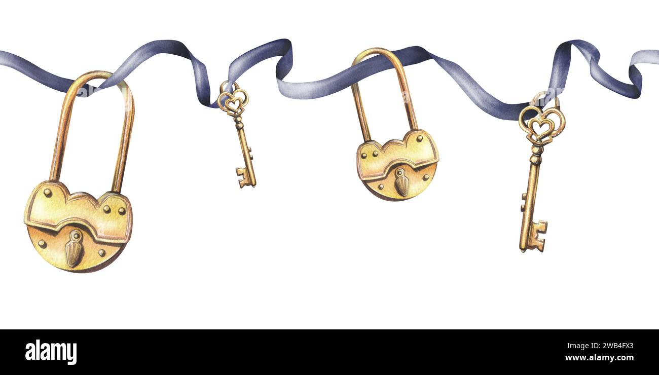 Golden keys and locks suspended on a dark blue ribbon. Hand drawn ...