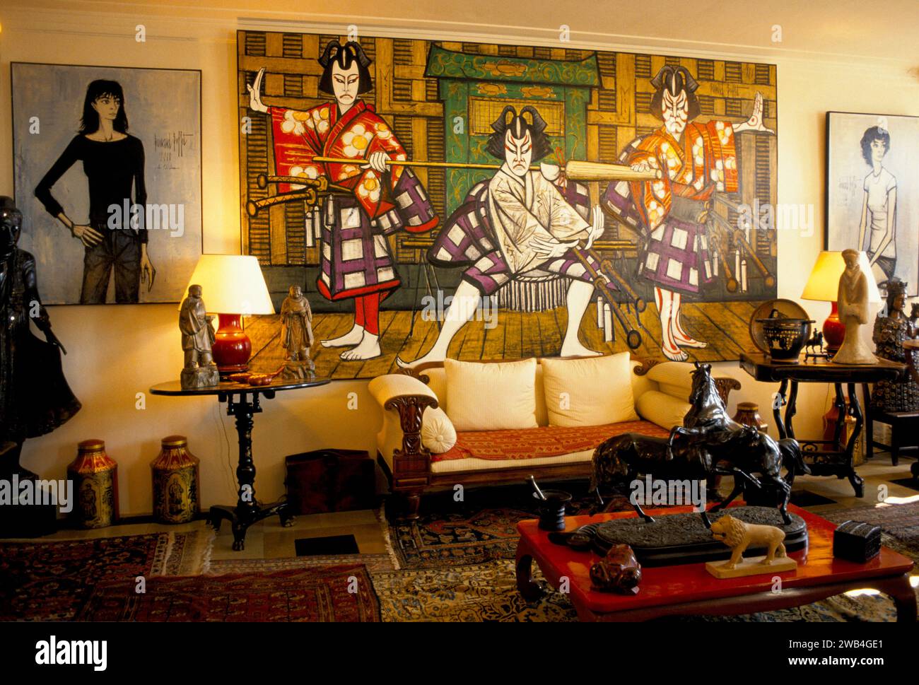 Bernard Buffet French artist expressionist painter (1928-1999) Paintings on wall is of  Annabel Schwob the artists wife.  Interior their home in Tourtour, Provence, France, Europe 1994 1990s HOMER SYKES Stock Photo