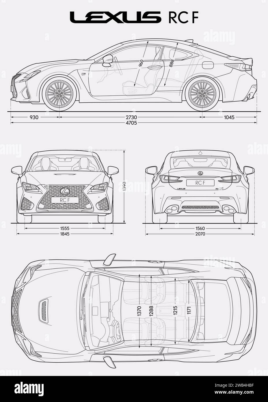 Lexus RC F 2014 Car Blueprint Stock Vector