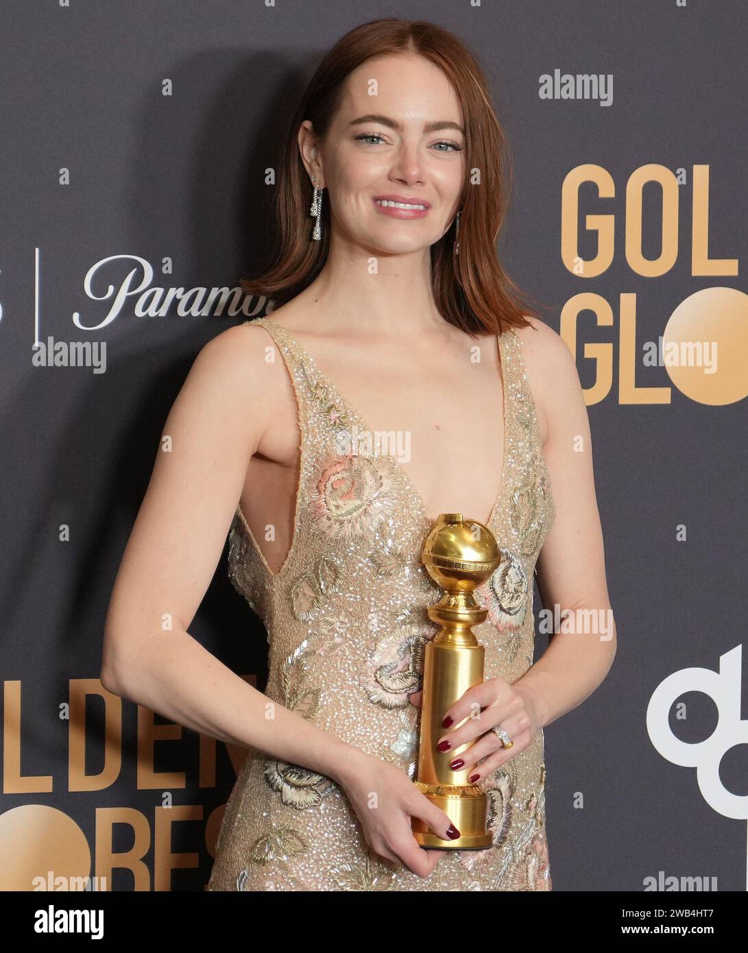 emma stone golden globes 2024 dress Fitted long gown with contrasting embroidered details main image 0