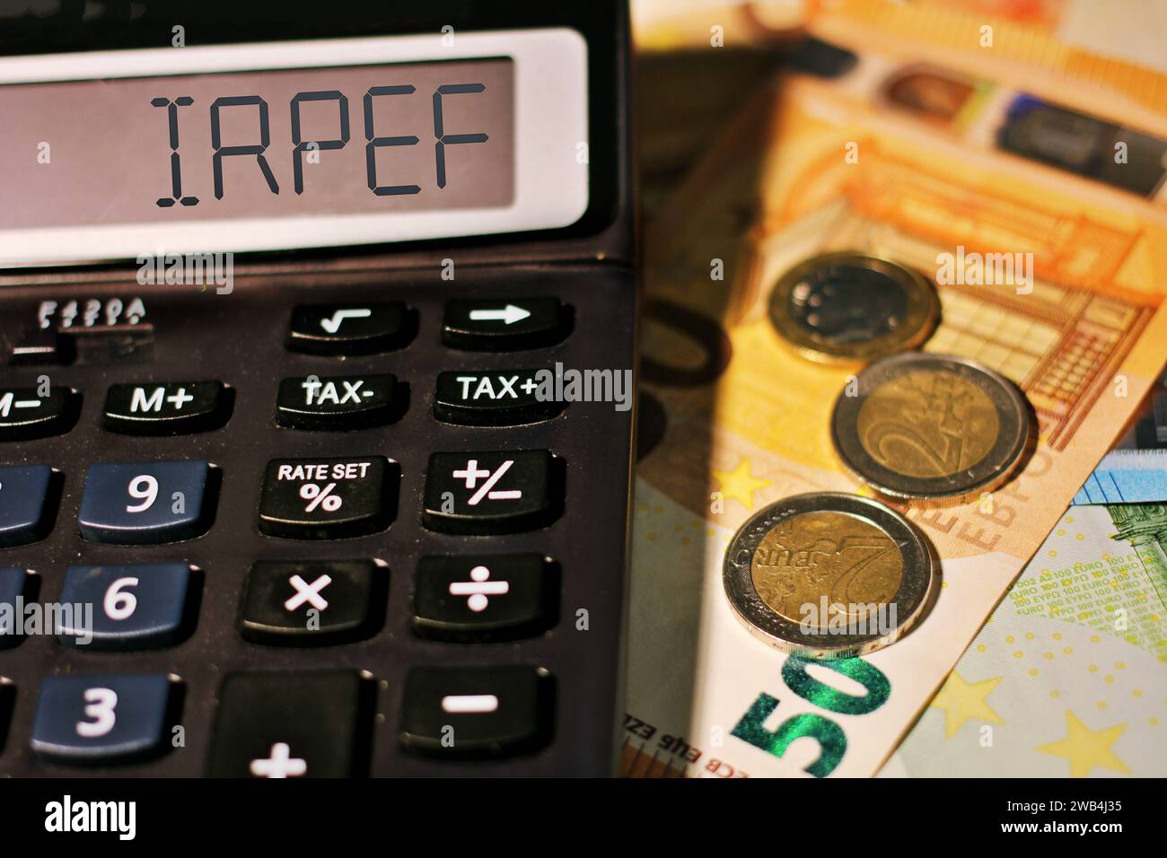 Calculator with the text 'Irpef' italian tax. Stock Photo