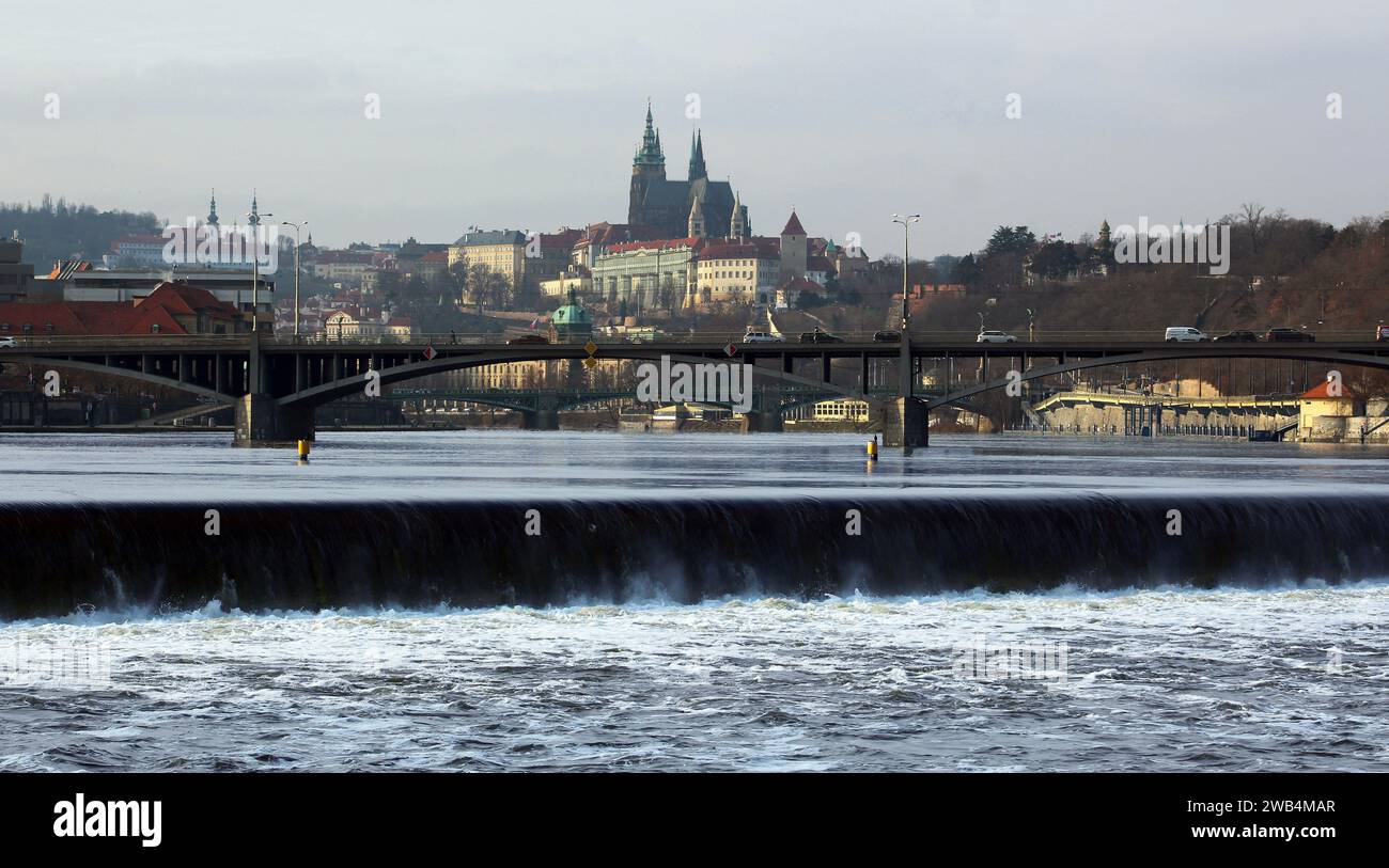 Floodwaters of the river Vltava (Moldau) River in Prague, Czech Republic, January 8, 2025