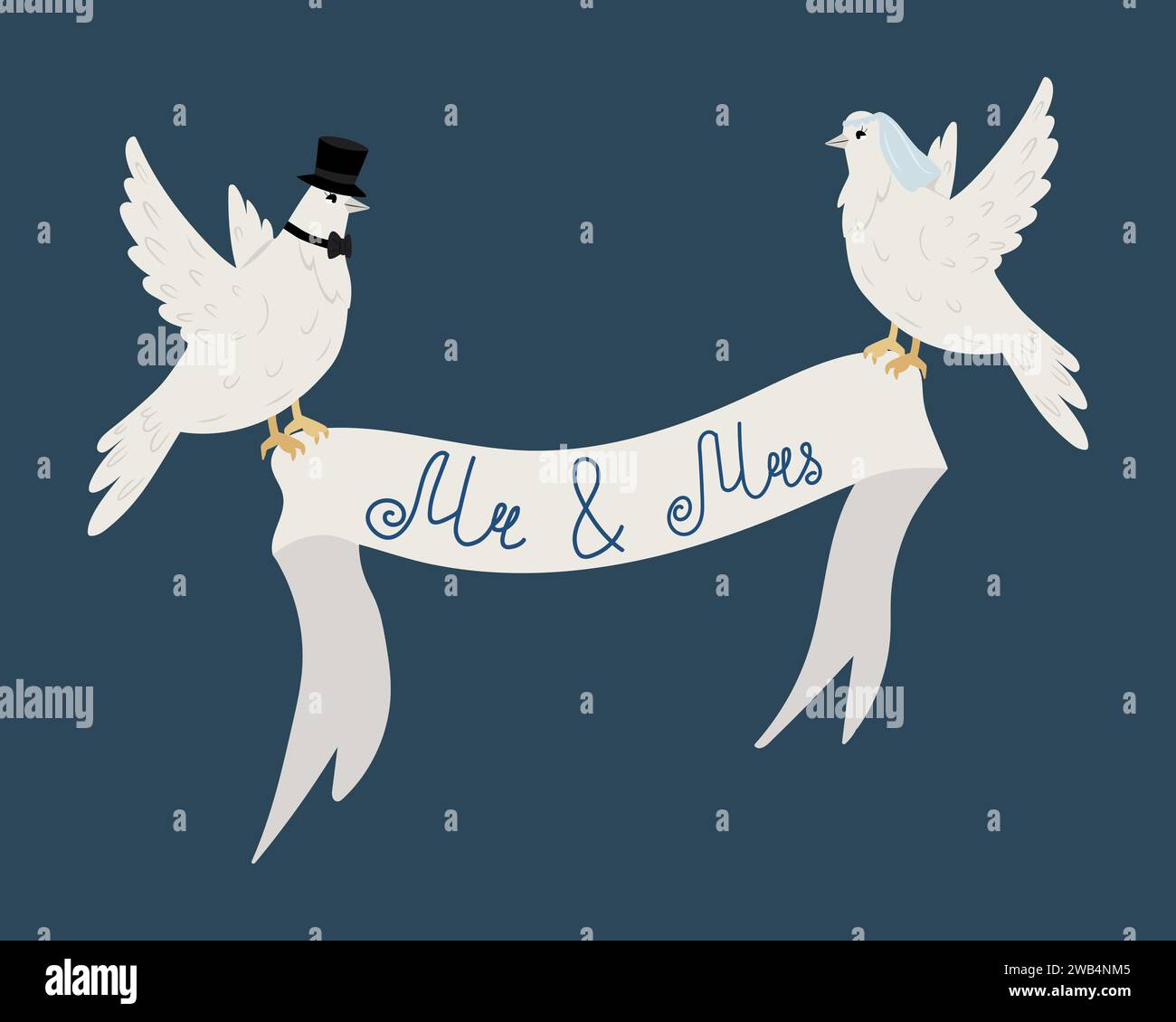 Two white doves, a dove in a veil and a pigeon in a hat holding a wedding ribbon with the inscription Mr. and Mrs. on a dark blue background Stock Vector