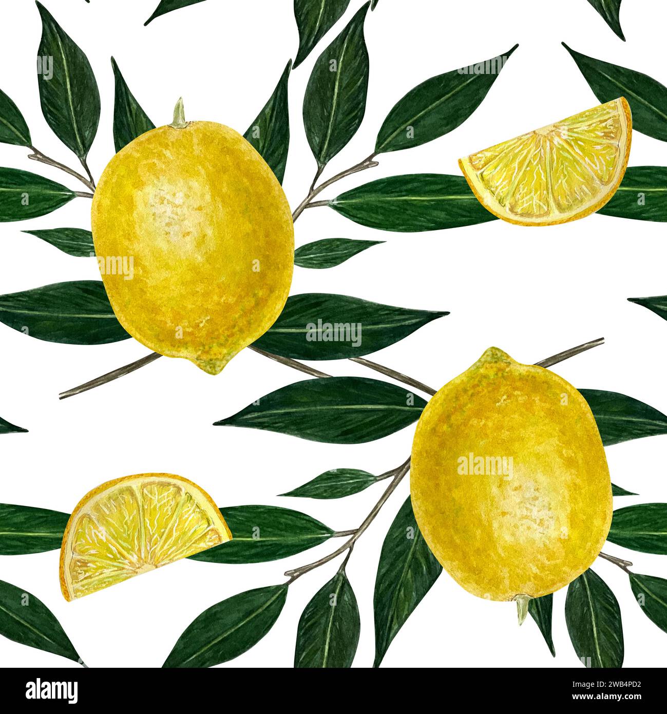 Watercolor seamless pattern with fresh lemon with bright green leaves ...