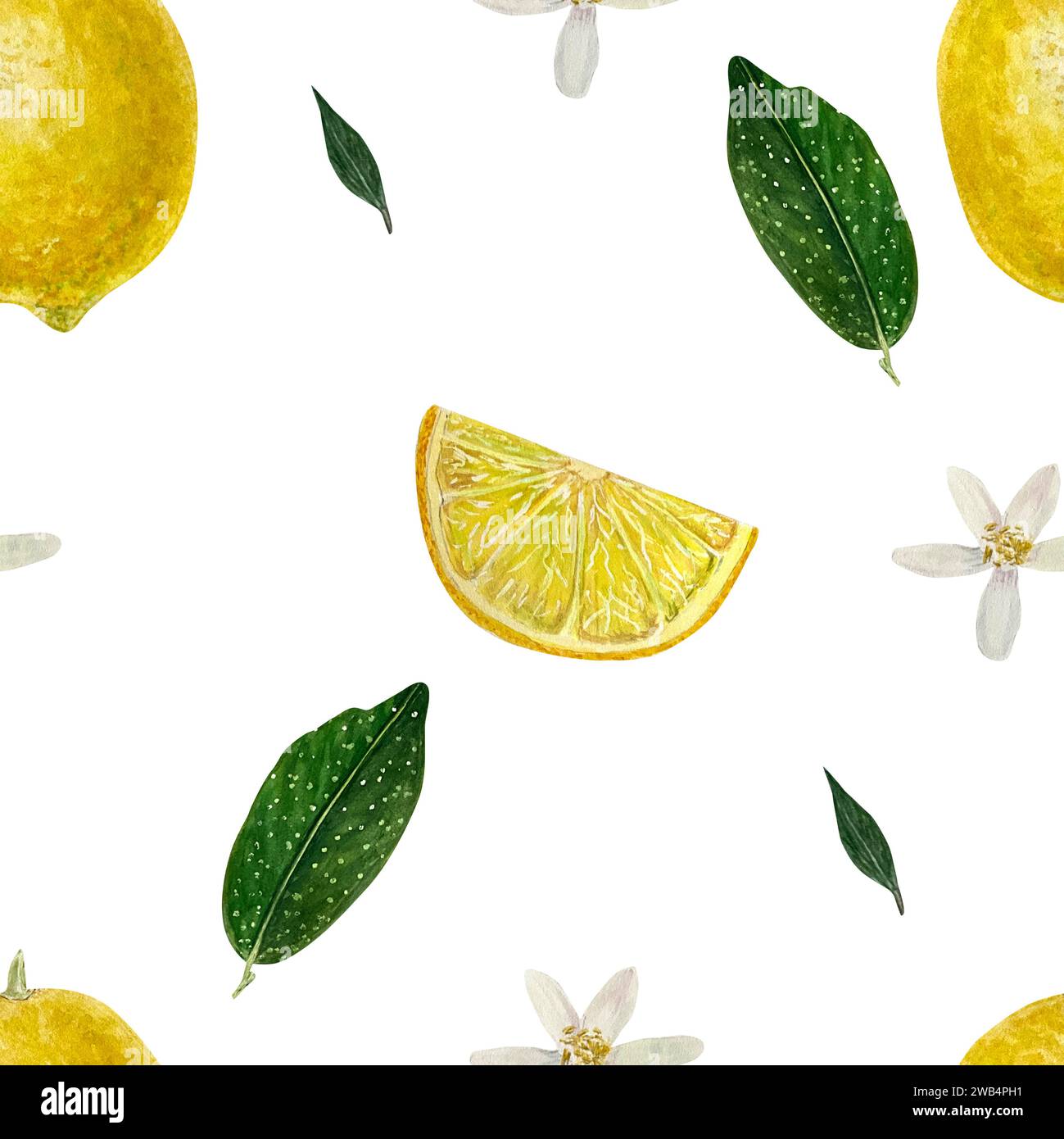 Watercolor seamless pattern with fresh lemon with bright green leaves ...