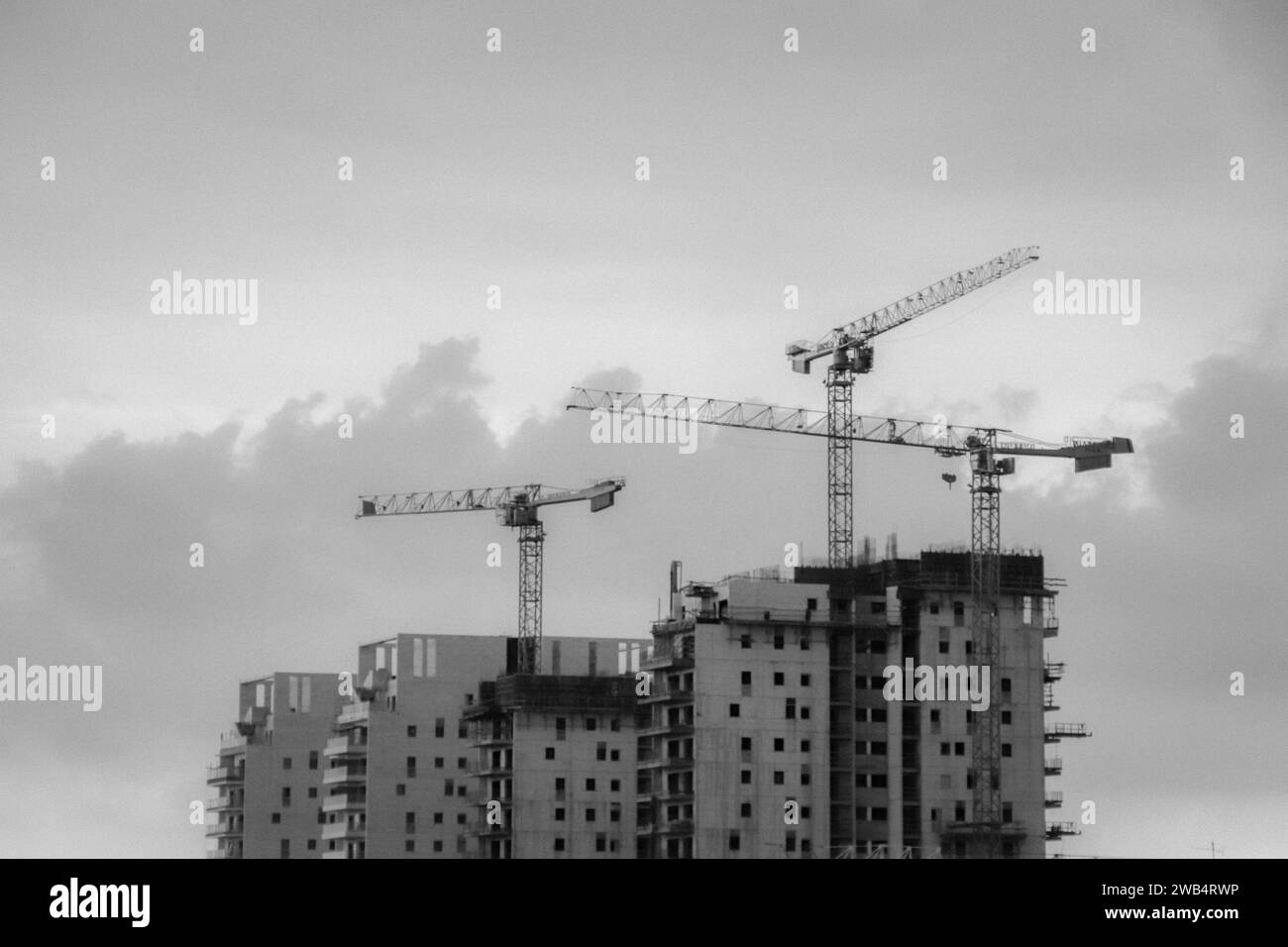Three cranes tower over the apartment building project. Construction of
