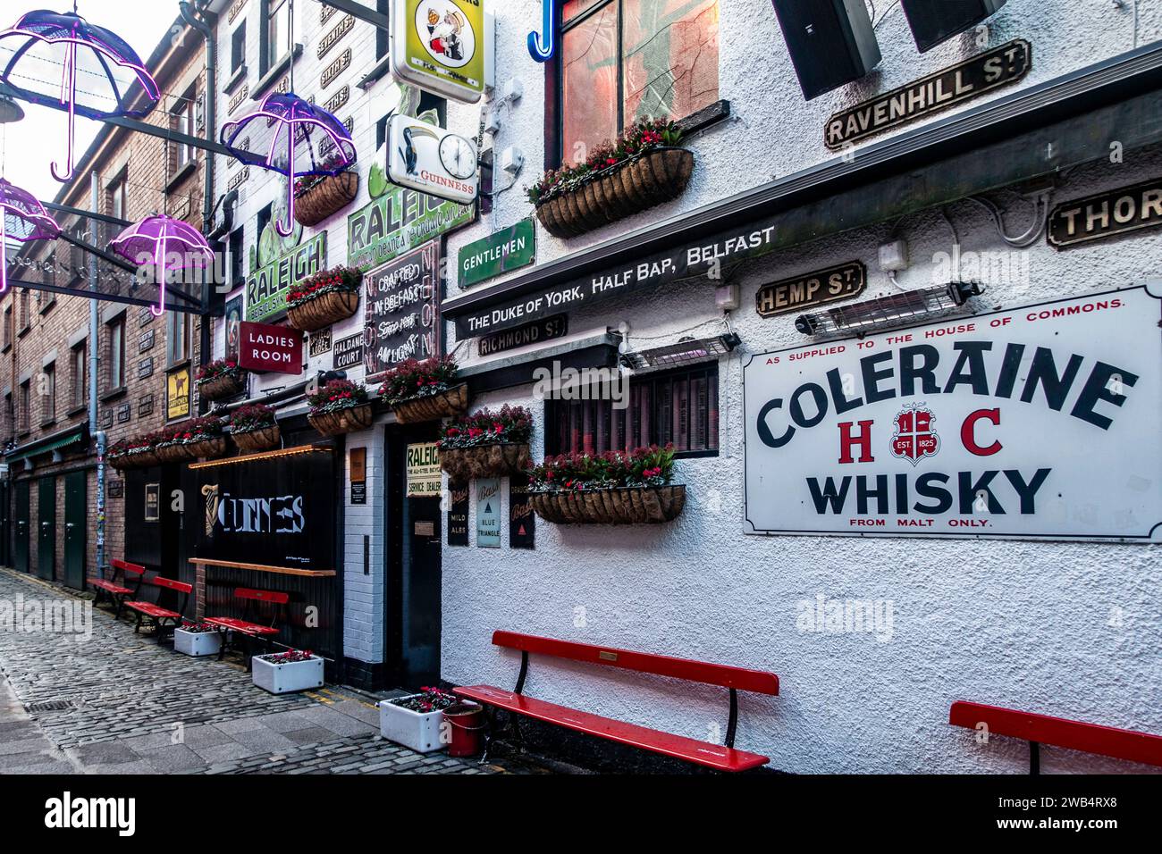 The Commercial Court in the Cathedral Quarter of Belfast, Northern Ireland. Once the commercial heart of the city, it is decorated with old mementoes. Stock Photo