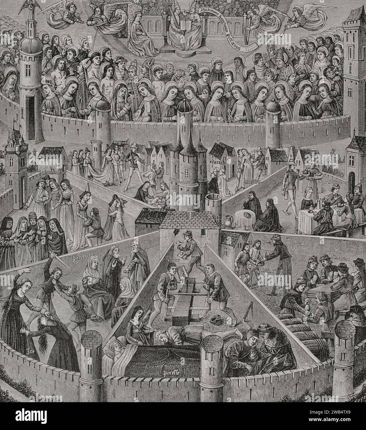 Heavenly city and earthly city. Representation of the 'City of God' as imagined by St. Augustine. The upper part with the saints already welcomed into heaven. The seven lower compartments show those who are preparing themselves, through the exercise of Christian virtues, to be part of the eternal kingdom or to be excluded from it forever because of committing the Seven Deadly Sins. Engraving by Huyot from a miniature of Saint Augustine's 'The City of God', mid-15th century. Detail. Sciences & Lettres au Moyen Age et à l'époque de la Renaissance. Paris, 1877. Stock Photo