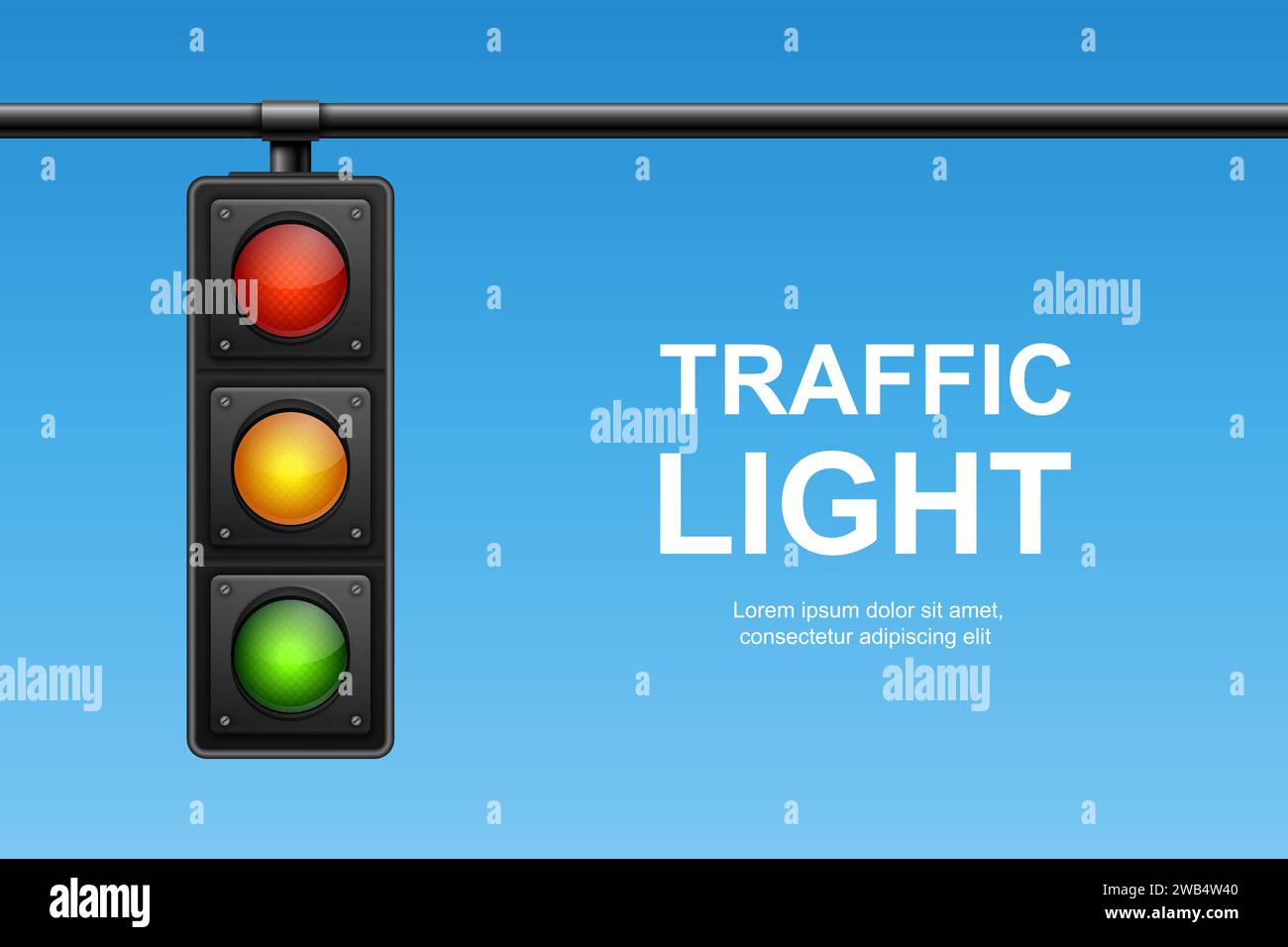 Vector Banner with 3d Realistic Detailed Road Traffic Lights on Blu Sky
